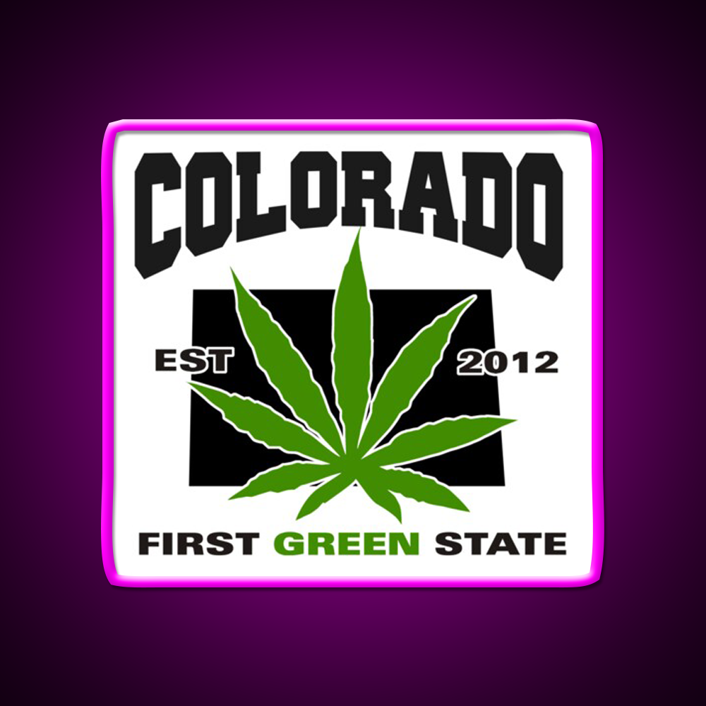 Colorado First Green State Hemp Inspired Green Leaf Led Neon Sign Rgb Color - Neon sign mounted on wall in room