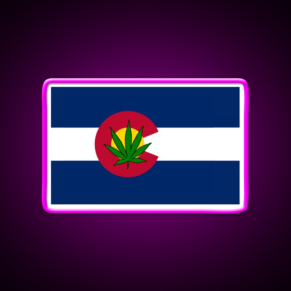 Colorado State Flag Leaf Products Hemp Inspired Green Leaf Led Neon Sign Rgb Color - Neon sign mounted on wall in room