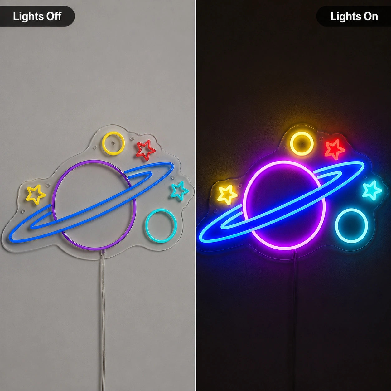 Colorful Planet Orbit Neon Sign LED Neon Sign day and night comparison