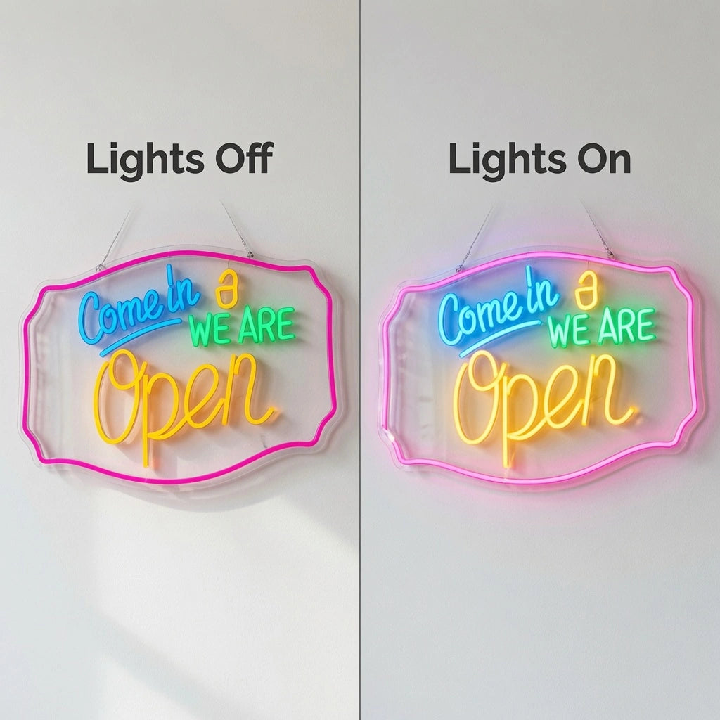 Come In We Are Open Business LED Neon Sign - 06 Day Night Comparison