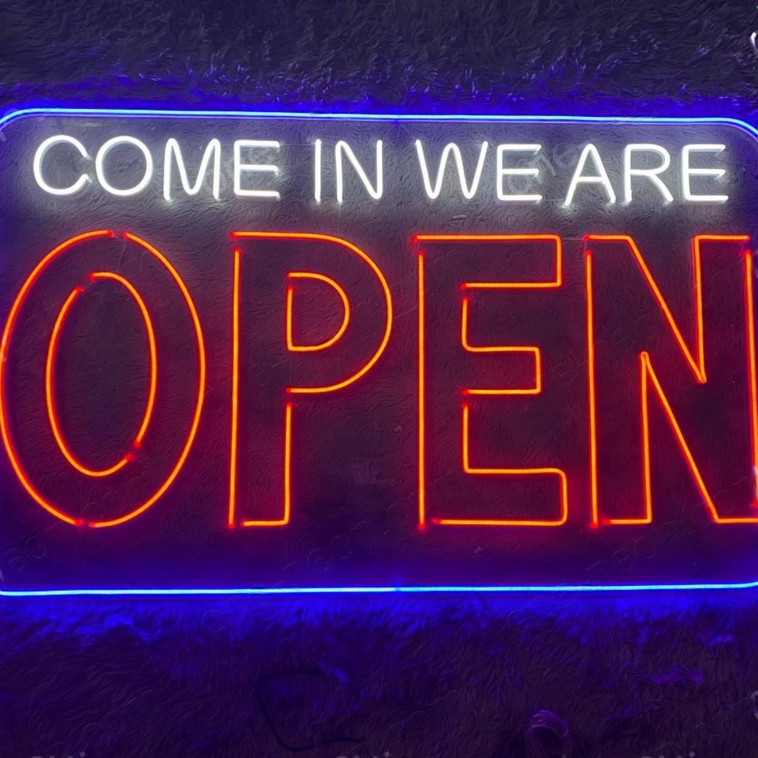 Come In We Are Open Led Neon Sign White Text Purple Border For Shop Entrance | Shineneon