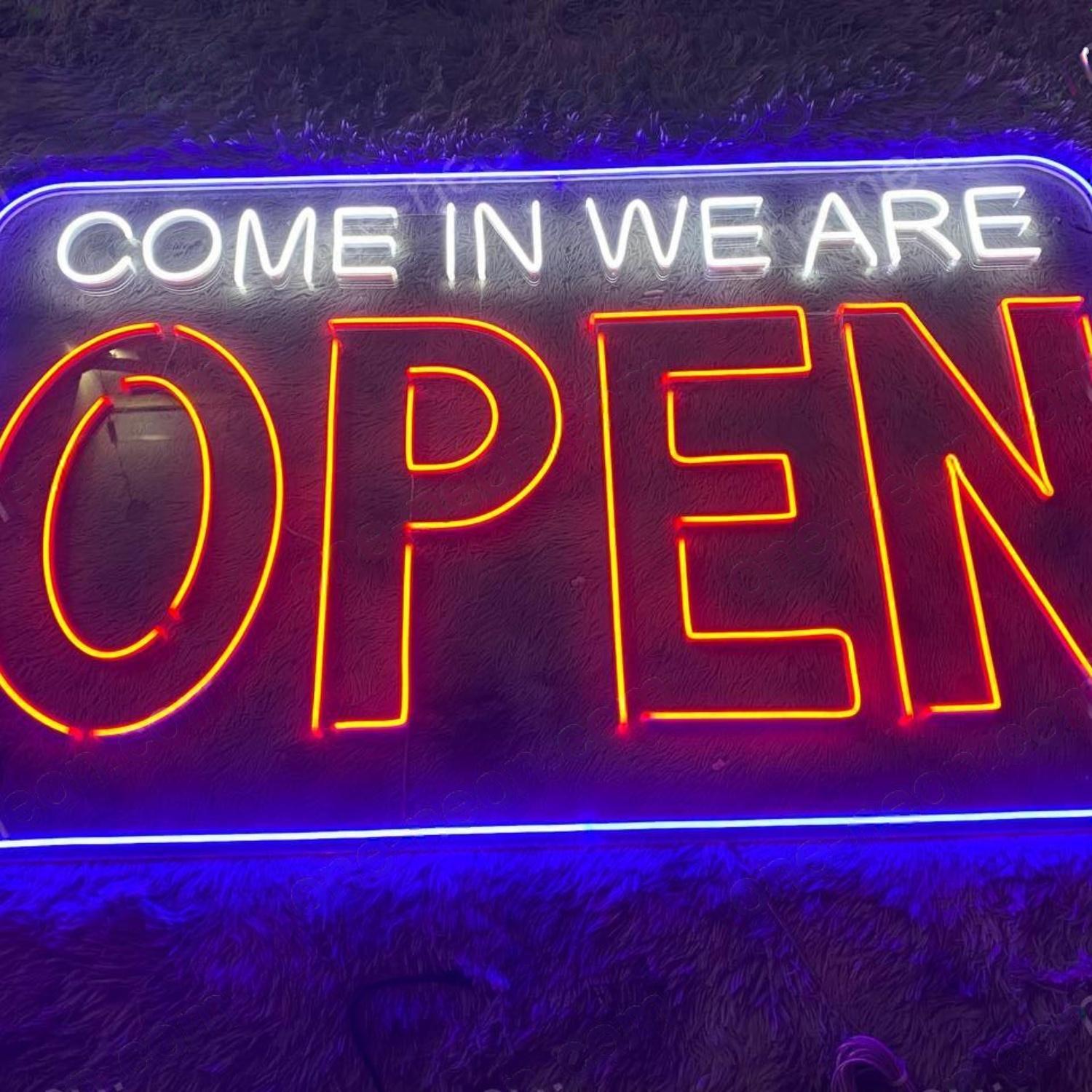 Come In We Are Open Led Neon Sign White Text Purple Border For Shop Entrance | Shineneon