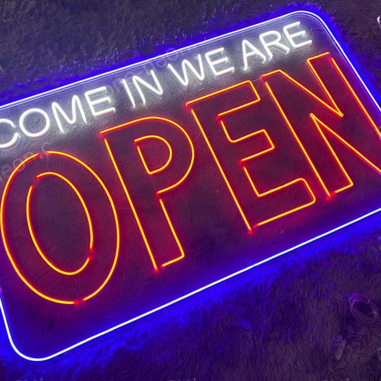 Come In We Are Open Led Neon Sign White Text Purple Border For Shop Entrance | Shineneon