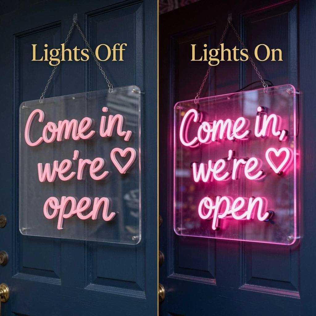 Come In We're Open LED Neon Sign - 06 Day Night Comparison