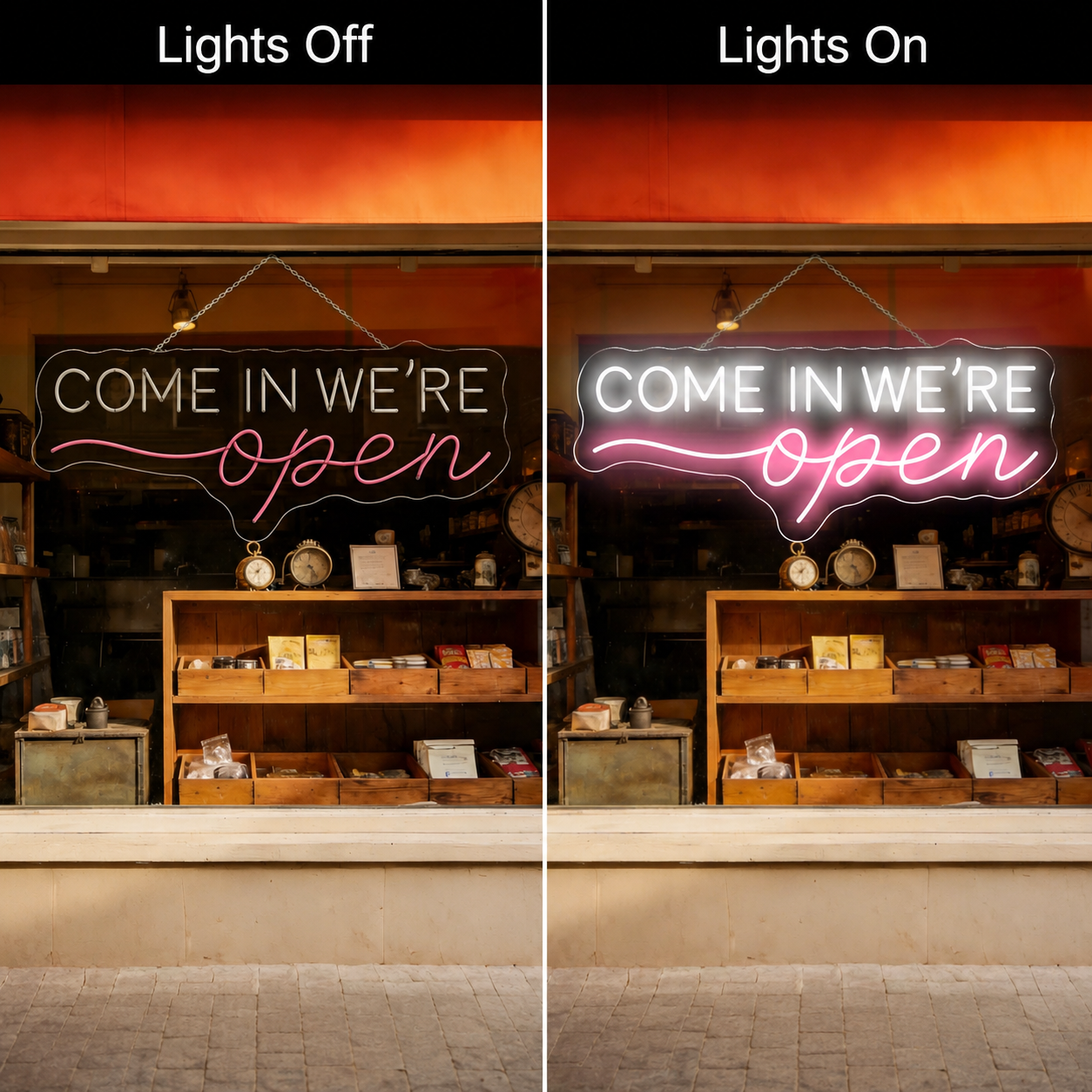 Come In We're Open LED Neon Sign Home Decor - 06 Day Night Comparison