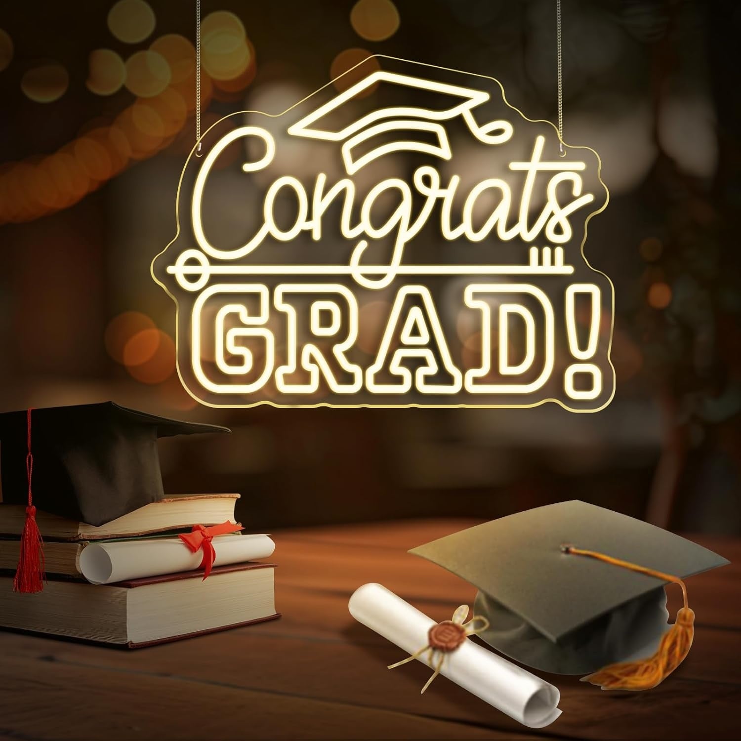 Congrats Grad Neon Sign With Graduation Cap Class Light Up Sign For Wall Decor | Shineneon