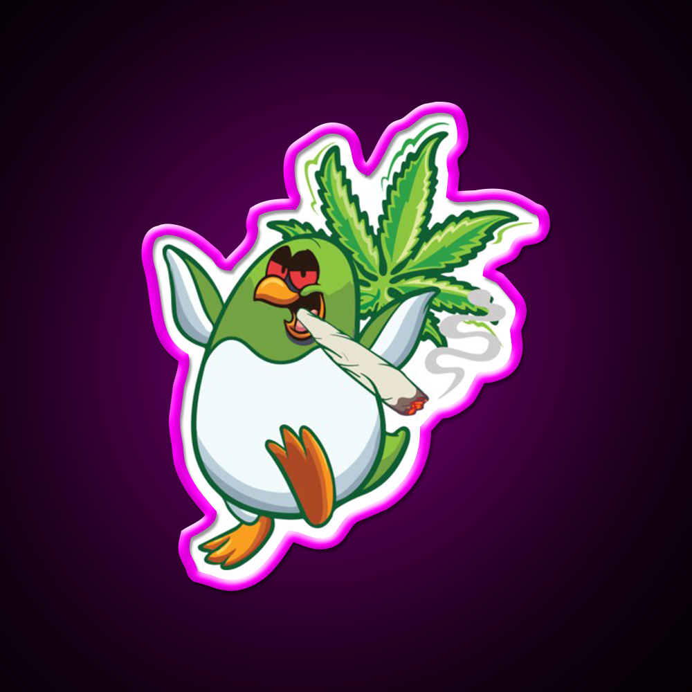 Cool Funny Penguin Hemp Inspired Green Leaf Led Neon Sign Rgb Color - Neon sign mounted on wall in room