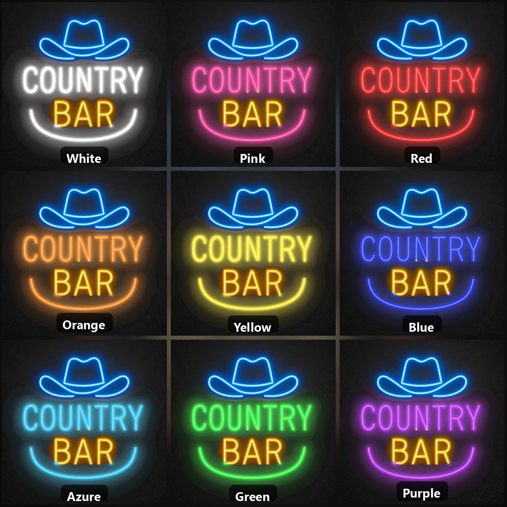 Country Bar Cowboy Hat Horseshoe Vintage LED Neon Sign color grid