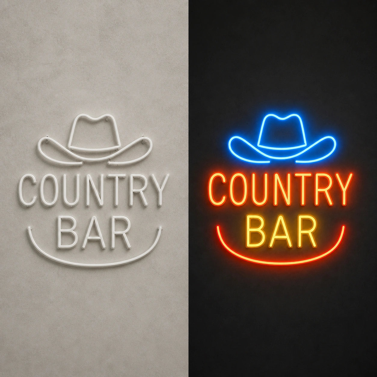 Country Bar Cowboy Hat Horseshoe Vintage LED Neon Sign day and night comparison