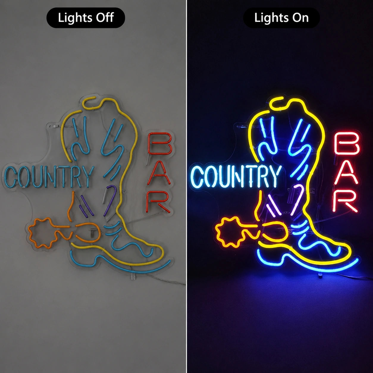 Country Boot Star Neon Sign LED Neon Sign day and night comparison