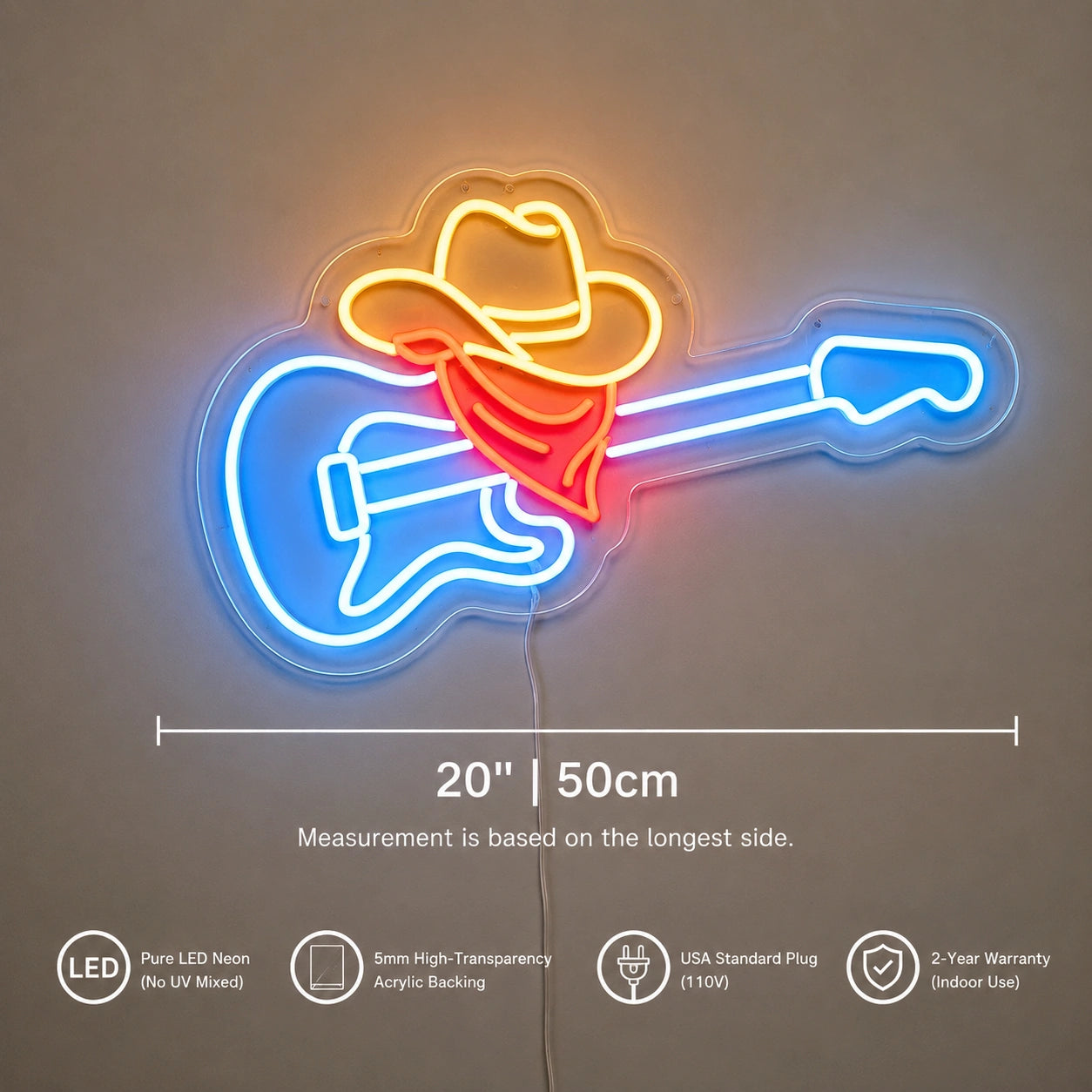 Country Guitar Cowboy Hat Neon Sign LED Neon Sign size image