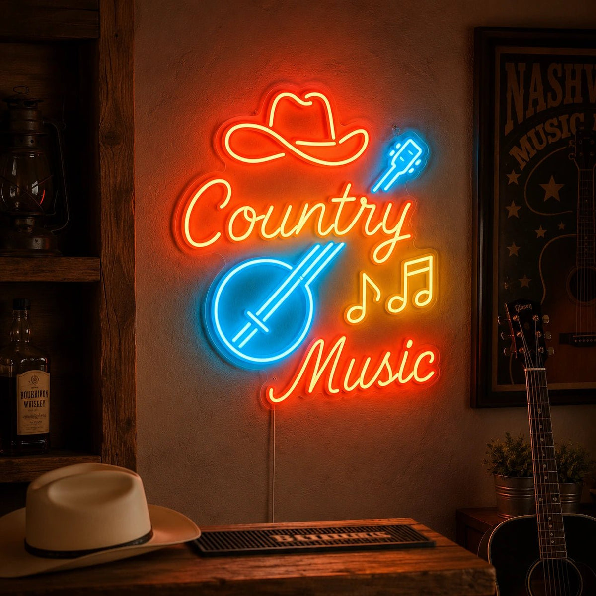 Country Music Banjo And Cowboy Hat LED Neon Sign - Shineneon
