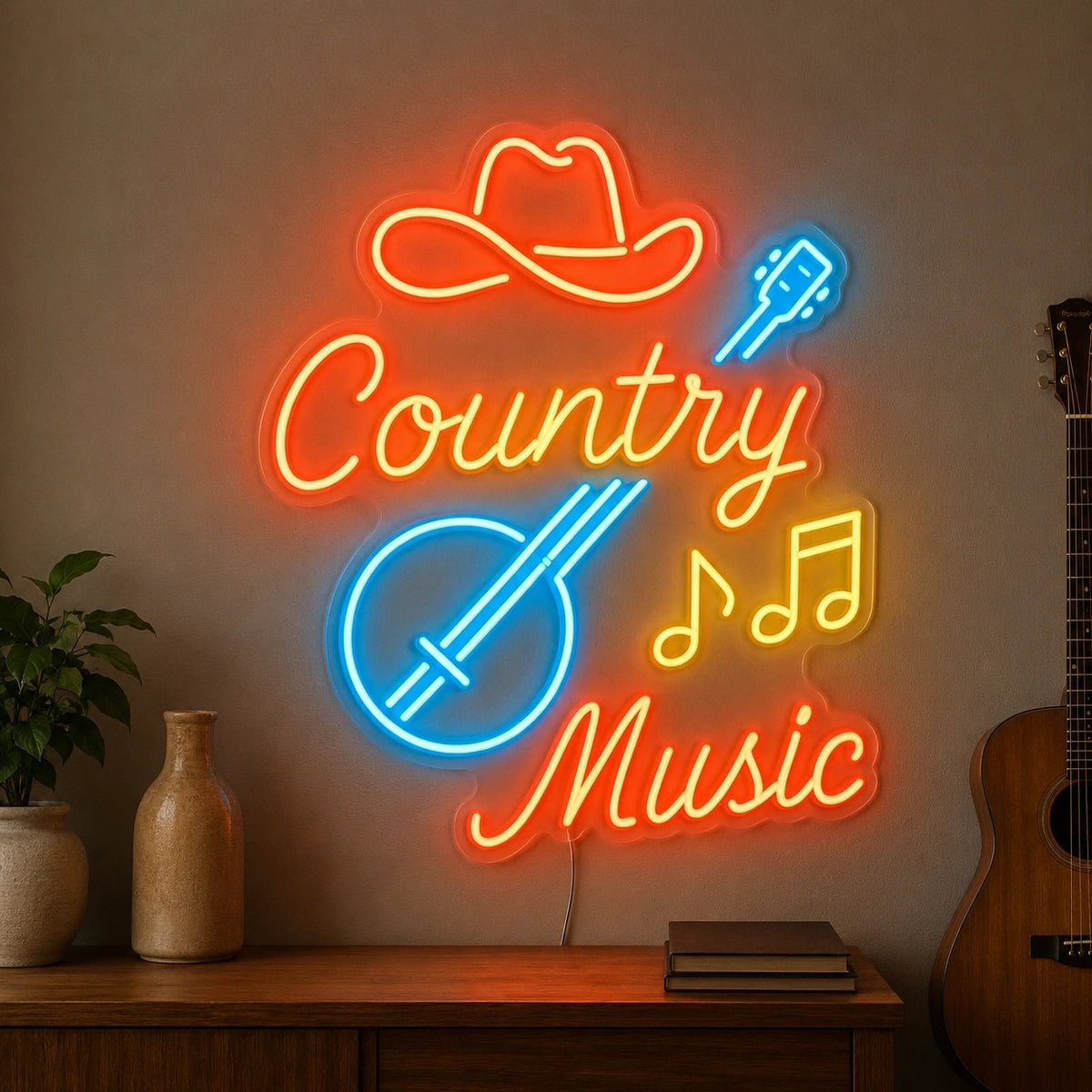 Country Music Banjo And Cowboy Hat LED Neon Sign - Shineneon