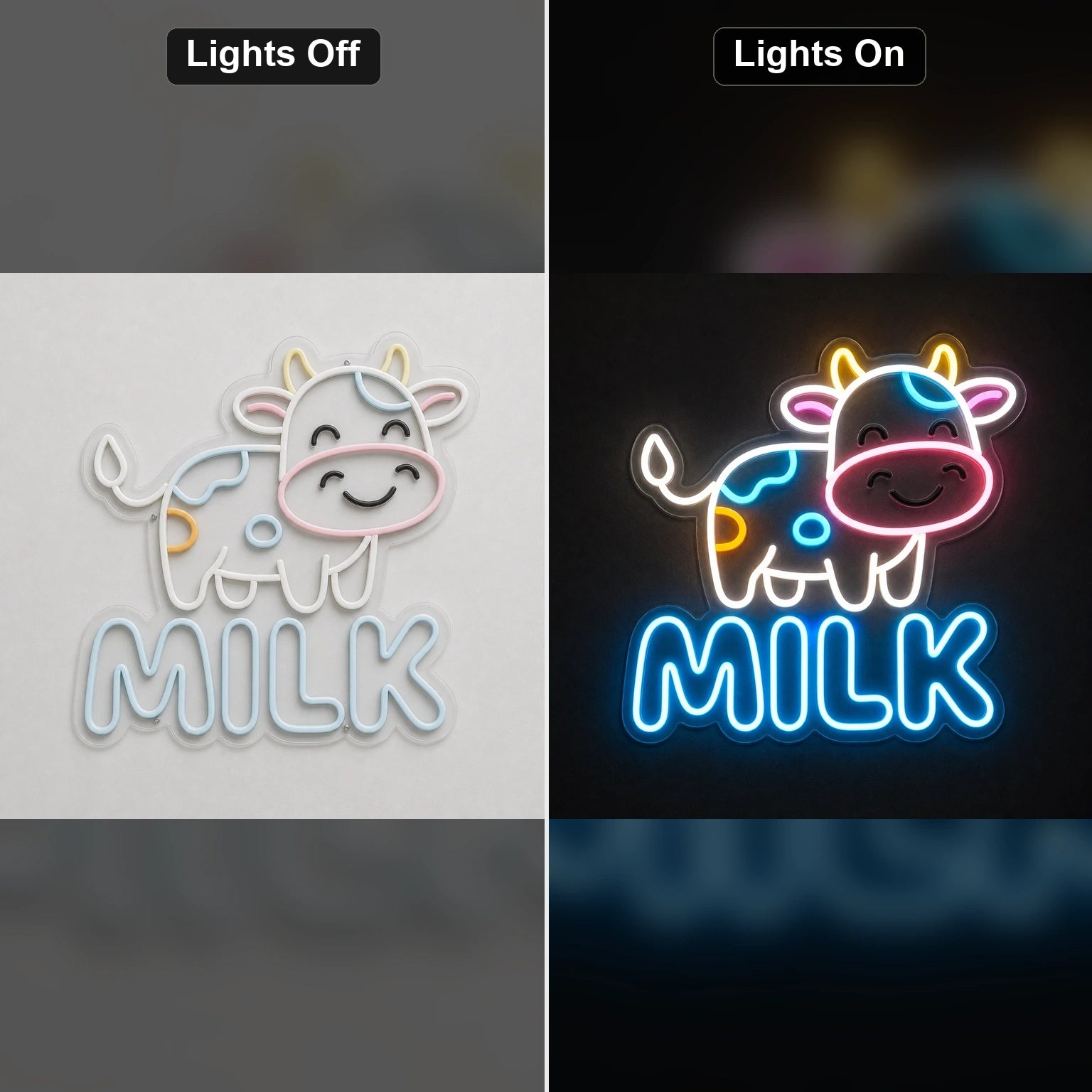 Cow Milk LED Neon Sign Home Bar Wall Decoration day and night comparison