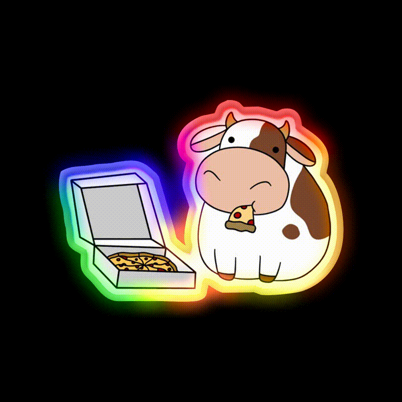 Cow With A Box Of Pizza Fast Food Led Neon Sign For Burger Place Rgb Color