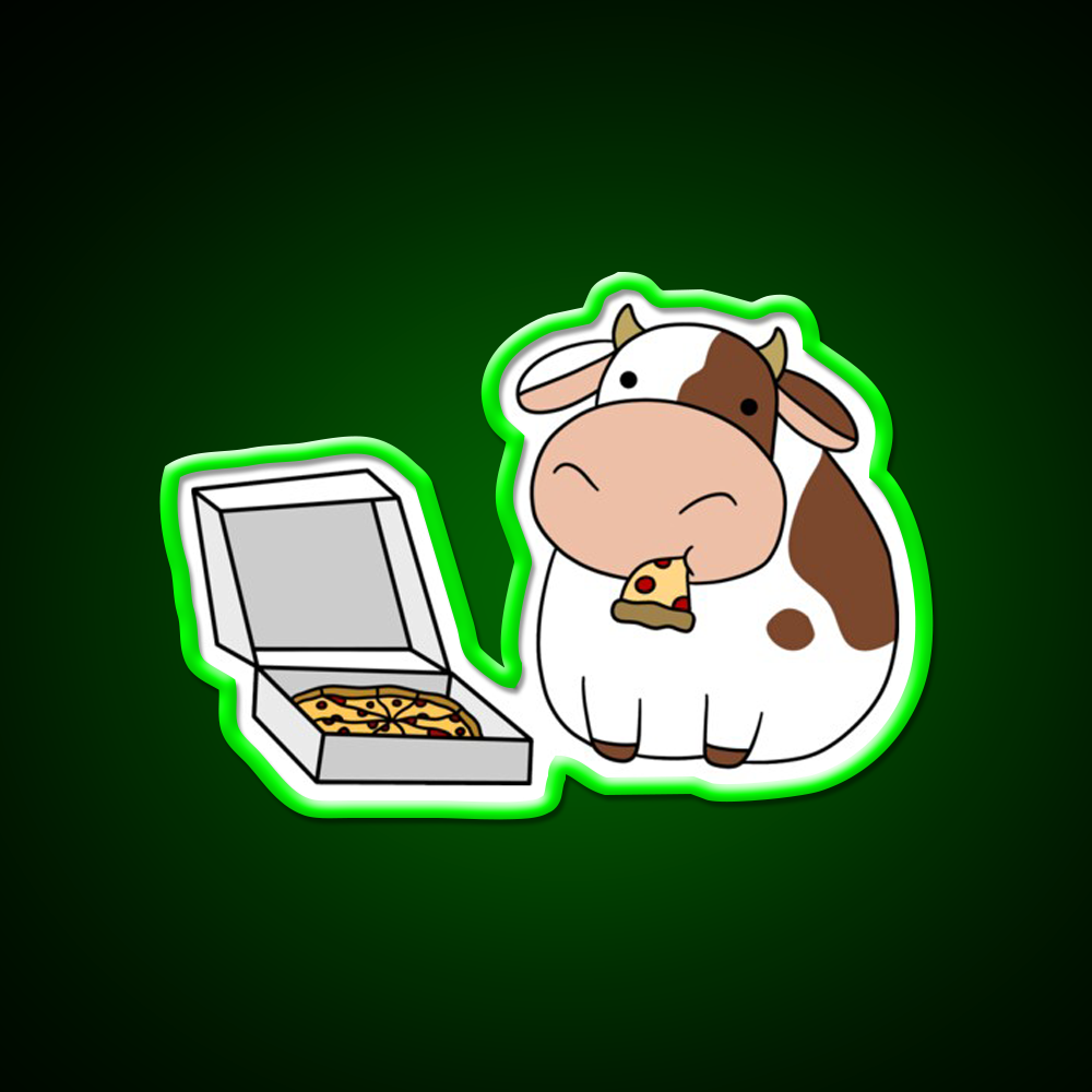 Cow With A Box Of Pizza Fast Food Led Neon Sign For Burger Place Rgb Color