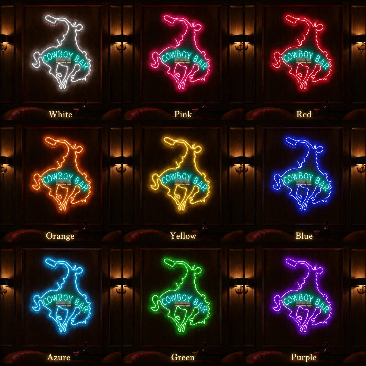 Cowboy Bar Bucking Bronco LED Neon Sign day and night comparison
