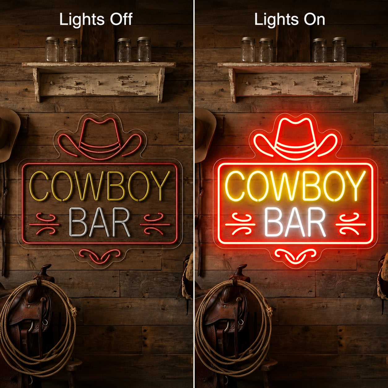 Cowboy Bar Neon Sign LED Neon Sign day and night comparison