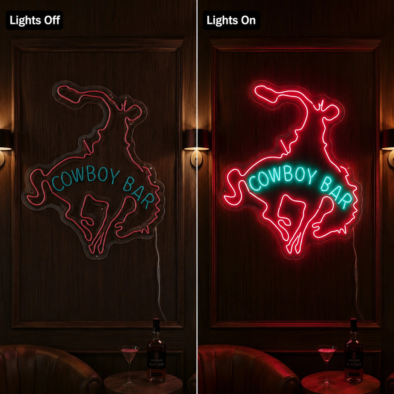Cowboy Bar Rider Neon Sign LED Neon Sign day and night comparison