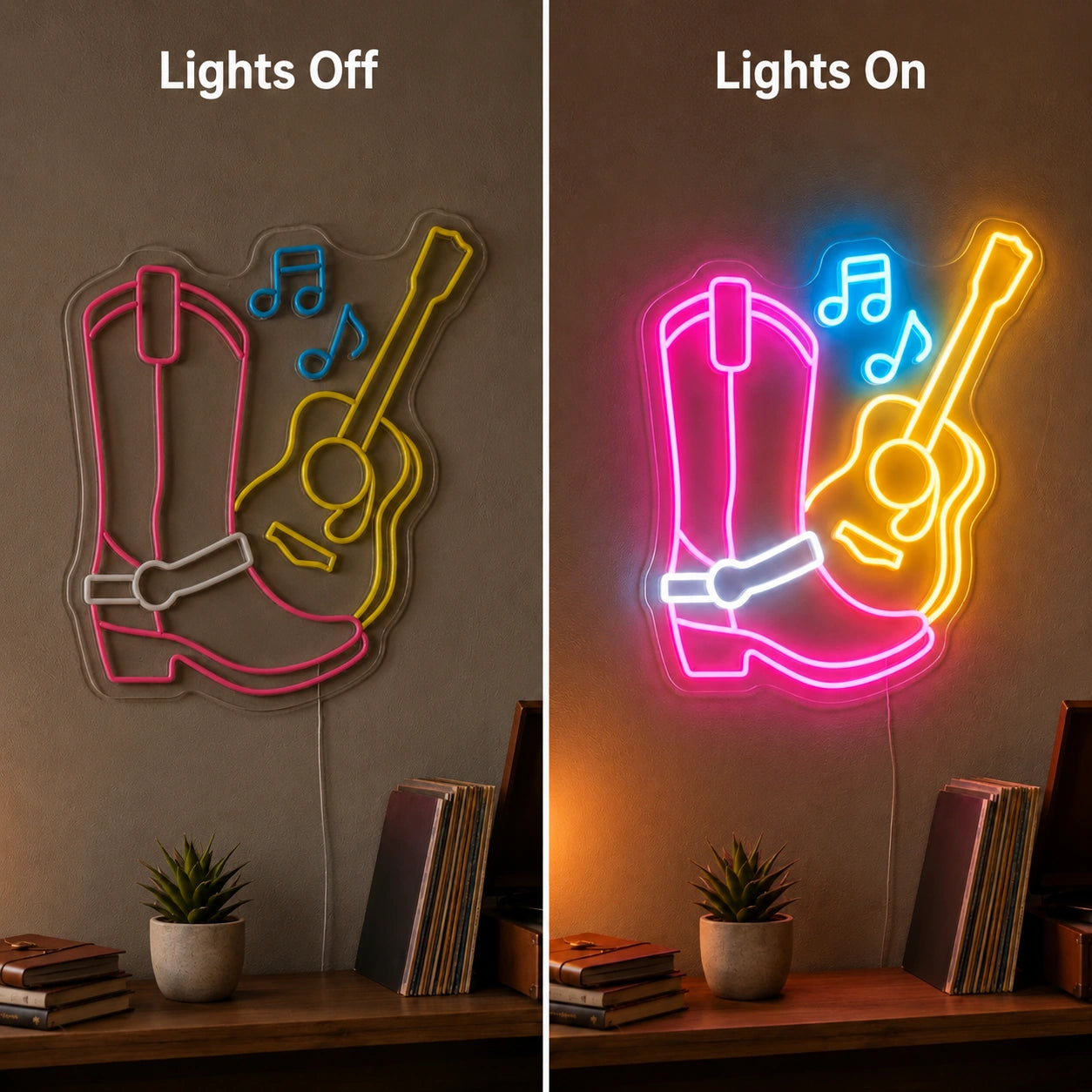 Cowboy Boot Guitar LED Neon Sign day and night comparison