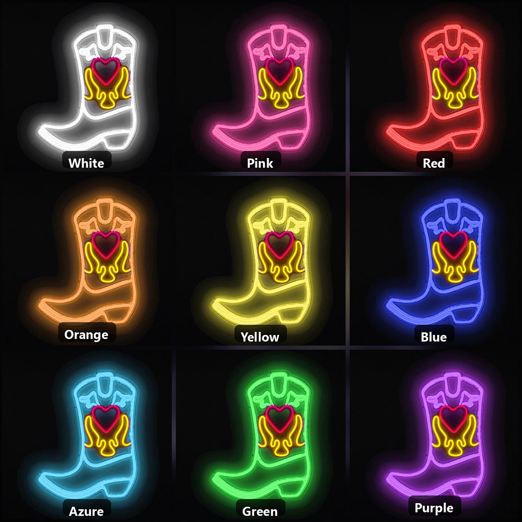 Cowboy Boot Heart Flames Vintage LED Neon Sign color grid