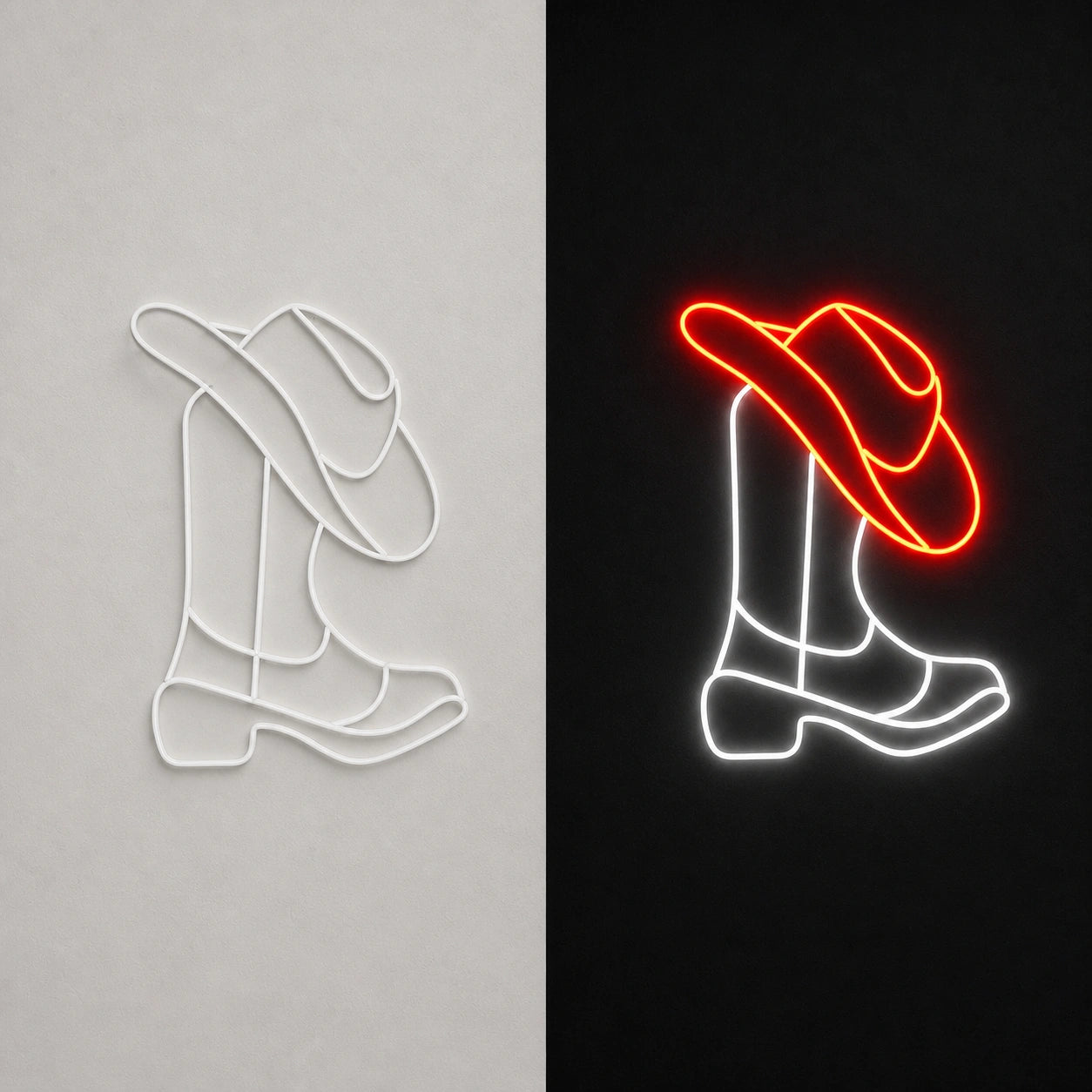 Cowboy Boots And Hat Dads Home Wall Art Vintage LED Neon Sign day and night comparison