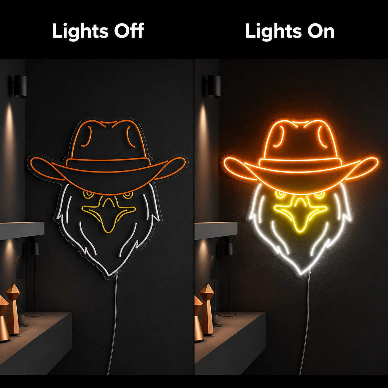 Cowboy Eagle Head Neon Sign LED Neon Sign day and night comparison