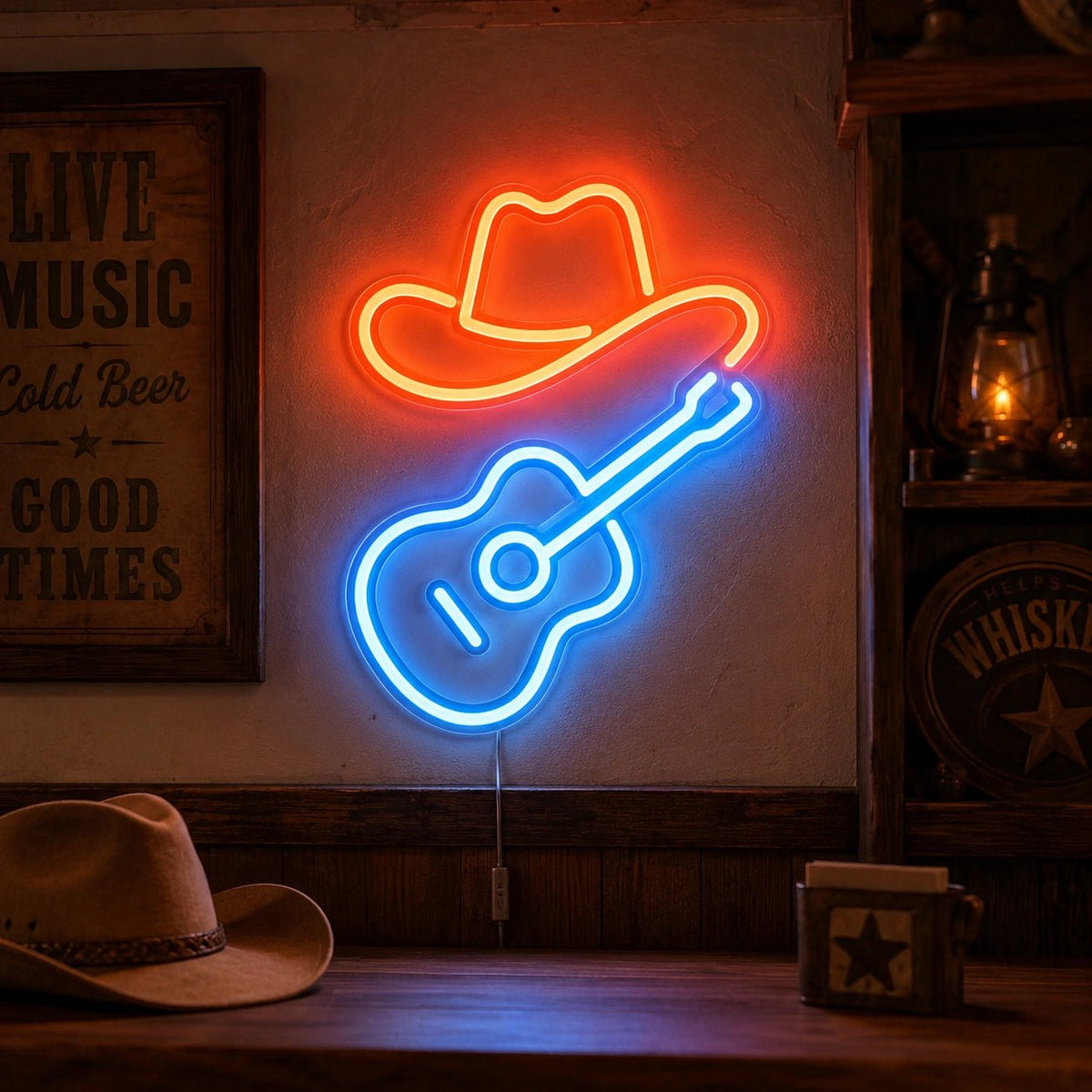 Cowboy Hat Acoustic Guitar LED Neon Sign - Shineneon