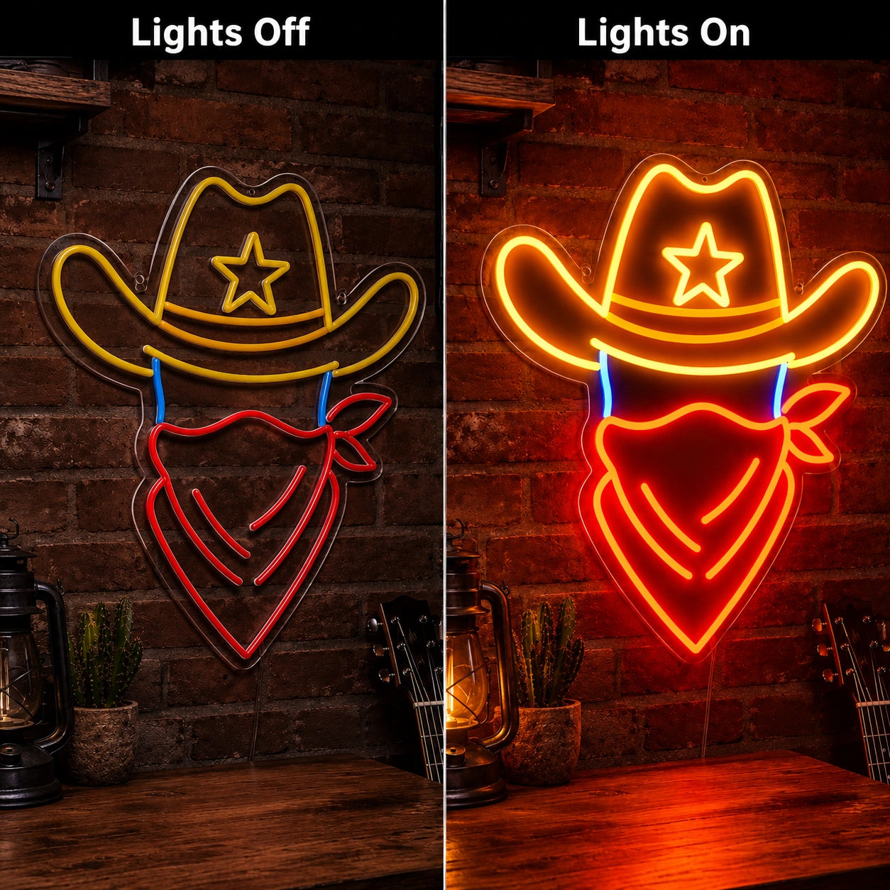 Cowboy Hat Bandana LED Neon Sign Man Cave Neon Sign day and night comparison