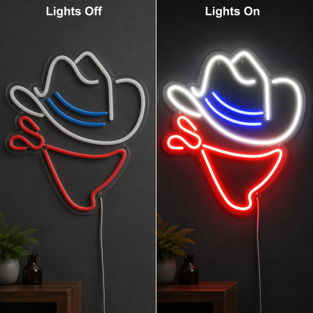 Cowboy Hat Bar Neon Sign LED Neon Sign day and night comparison