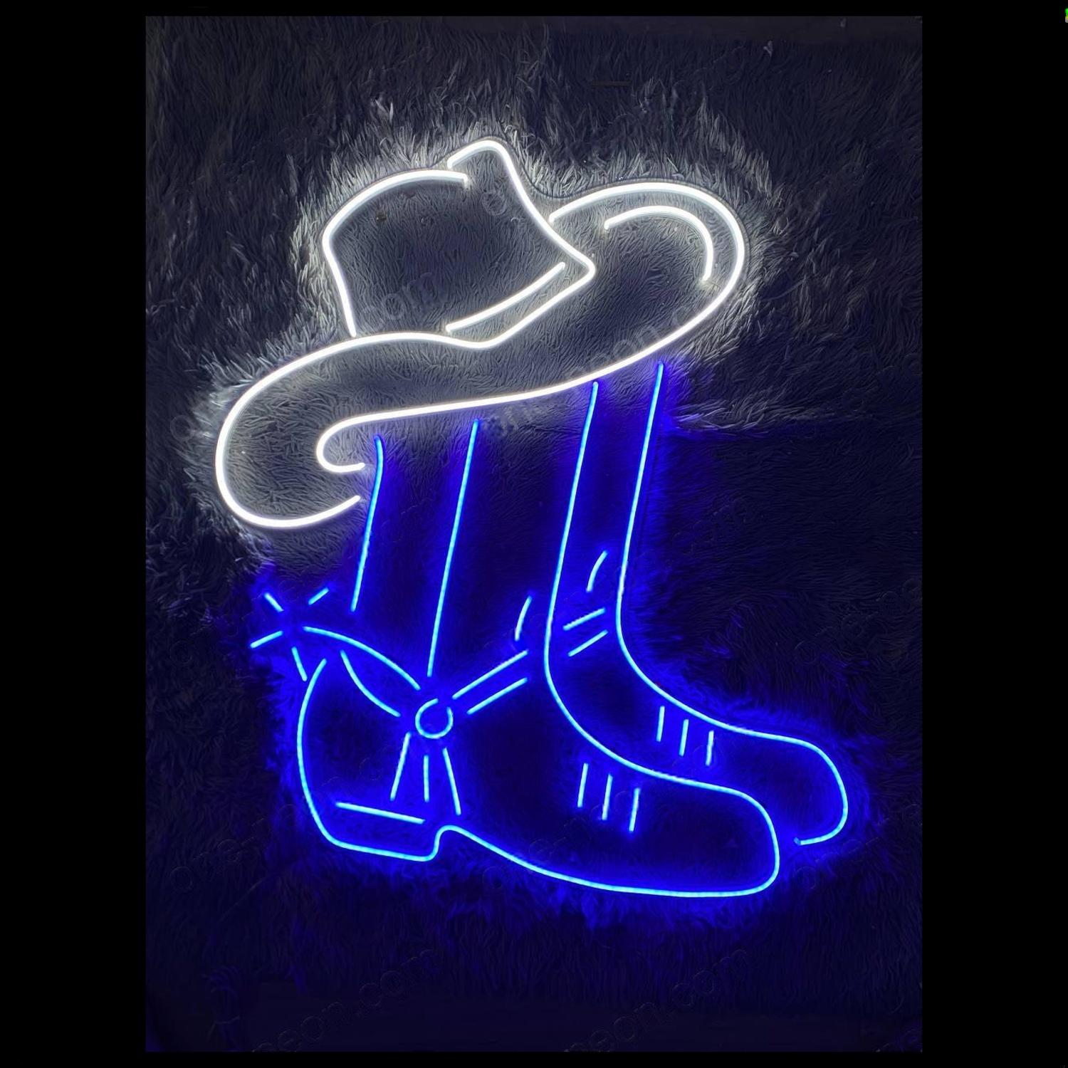 Cowboy Hat Boots White-Blue Led Neon Sign For Western Bar Home Decor | Shineneon