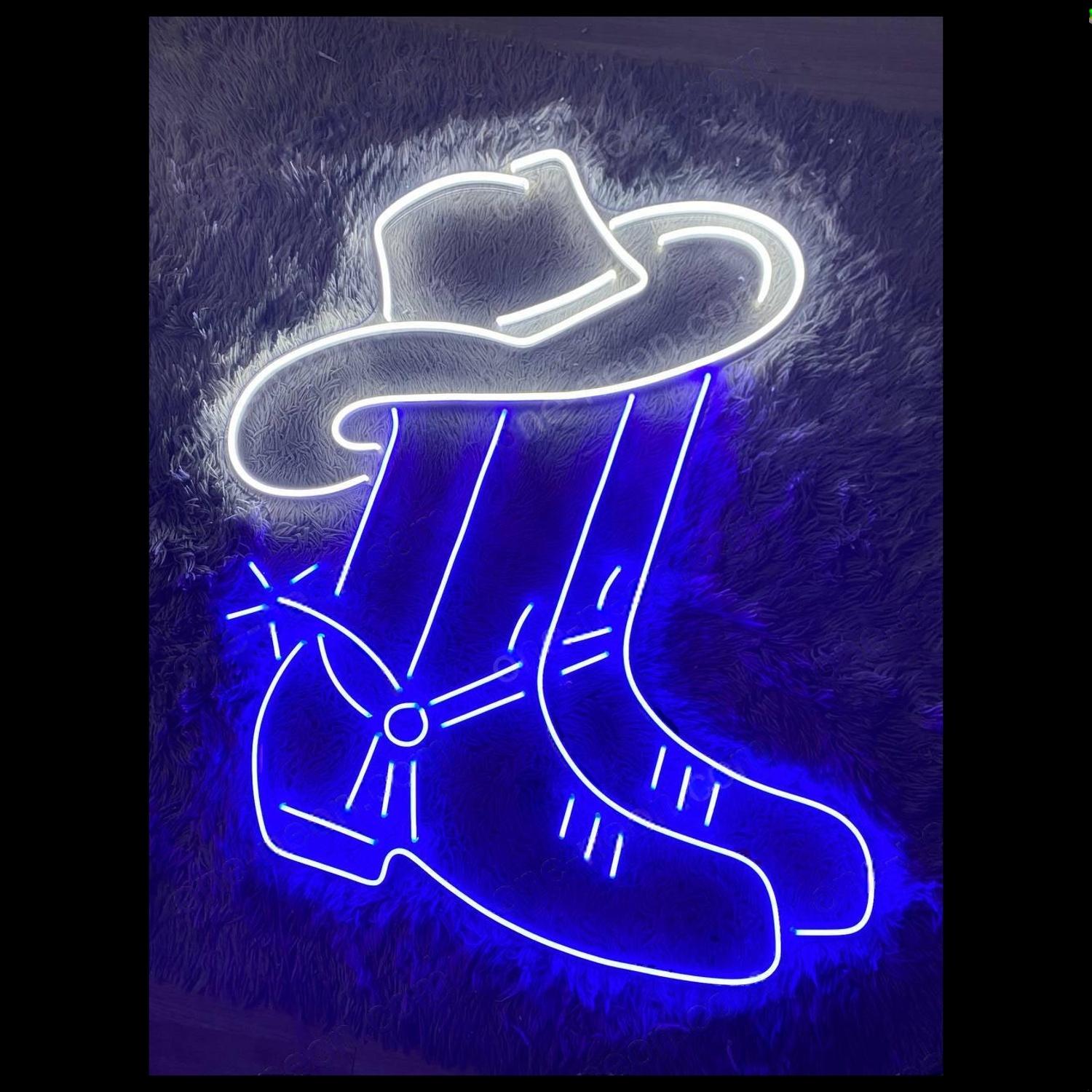 Cowboy Hat Boots White-Blue Led Neon Sign For Western Bar Home Decor | Shineneon