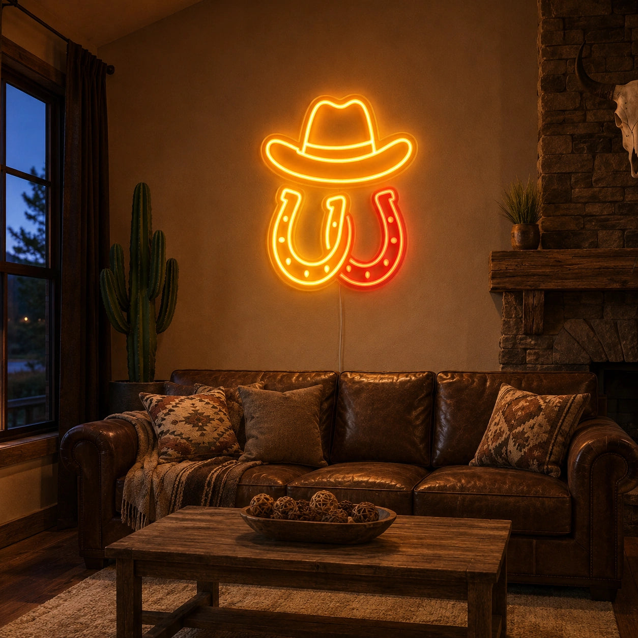 Cowboy Hat Horseshoes LED Neon Sign size image