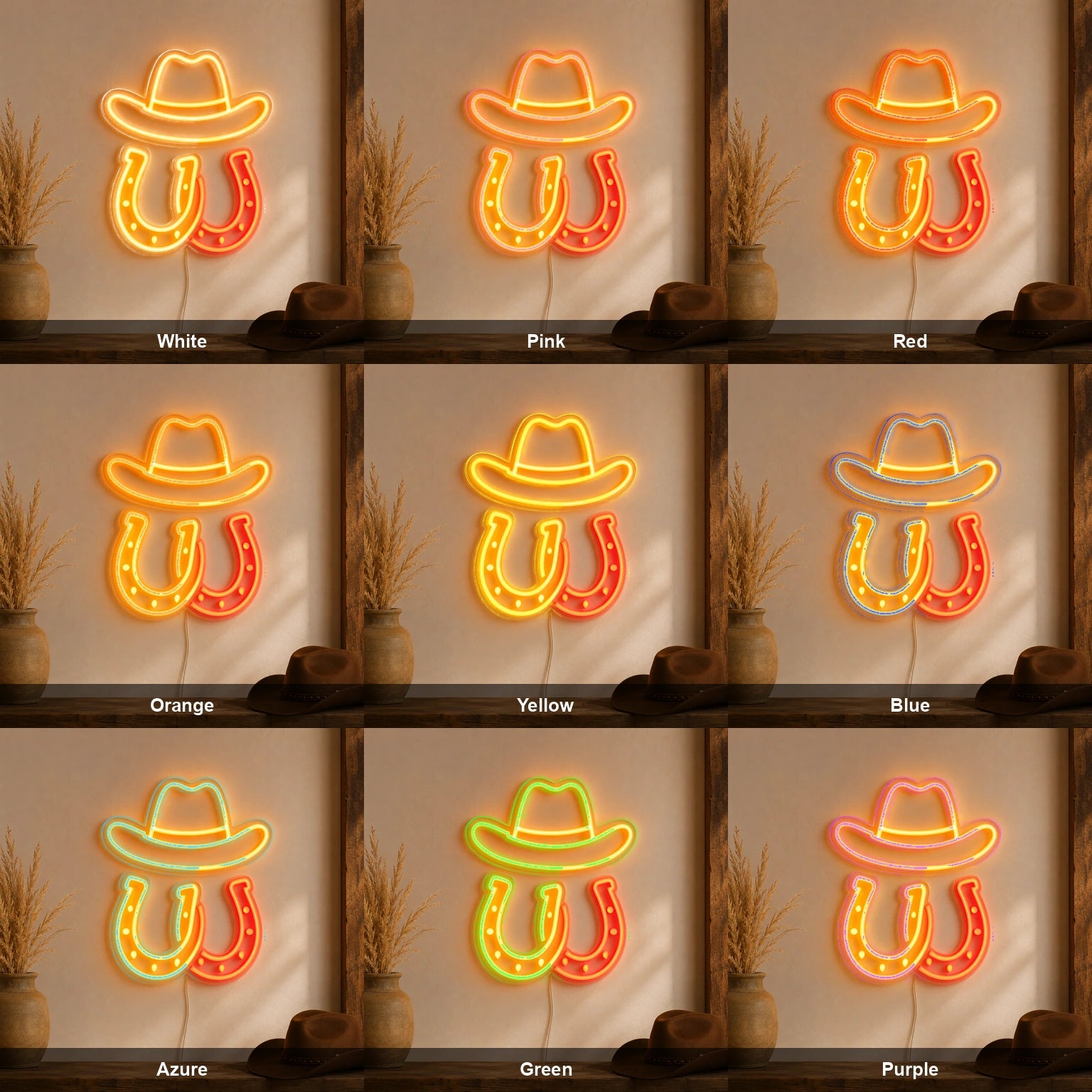 Cowboy Hat Horseshoes LED Neon Sign color grid