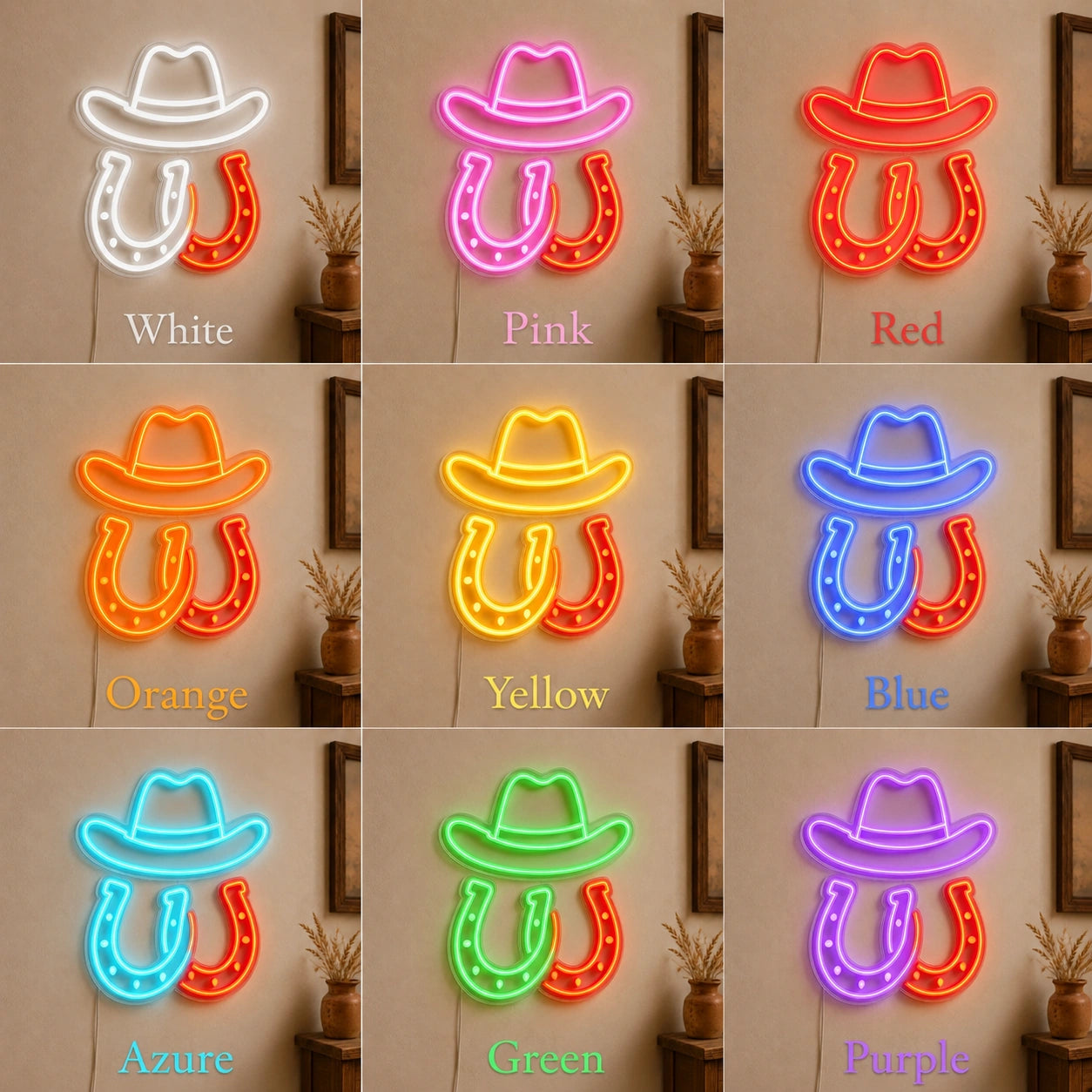 Cowboy Hat Horseshoes LED Neon Sign Man Cave Neon Sign color grid