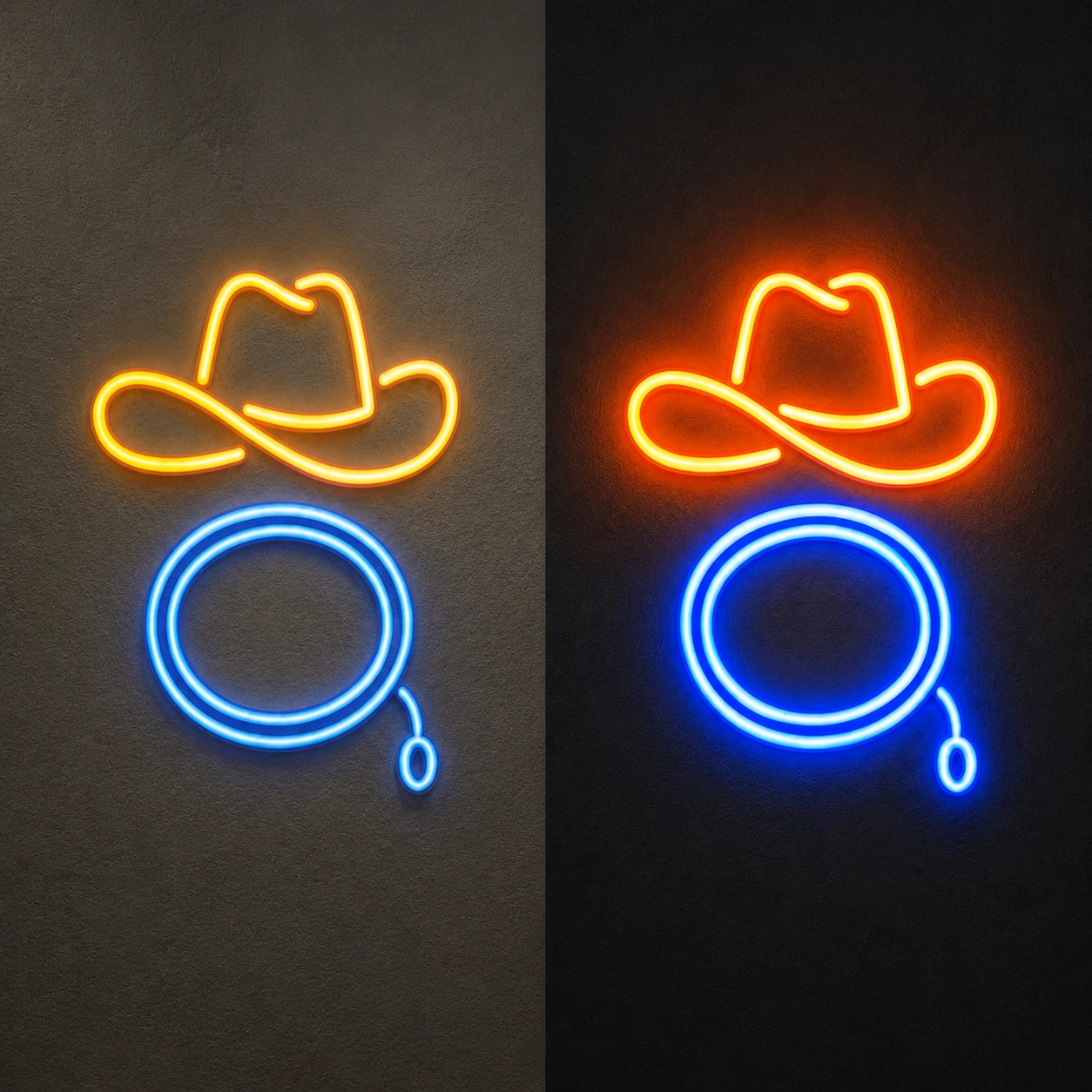 Cowboy Hat Lasso Loop Vintage LED Neon Sign day and night comparison