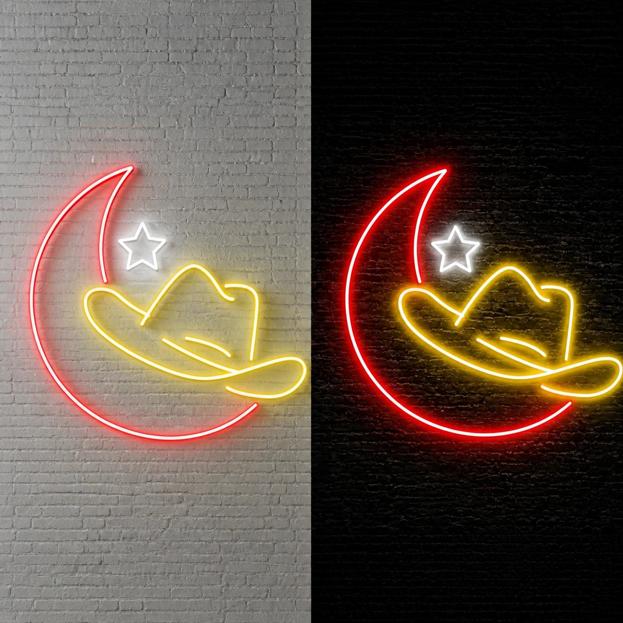 Cowboy Hat Moon Star Vintage LED Neon Sign day and night comparison