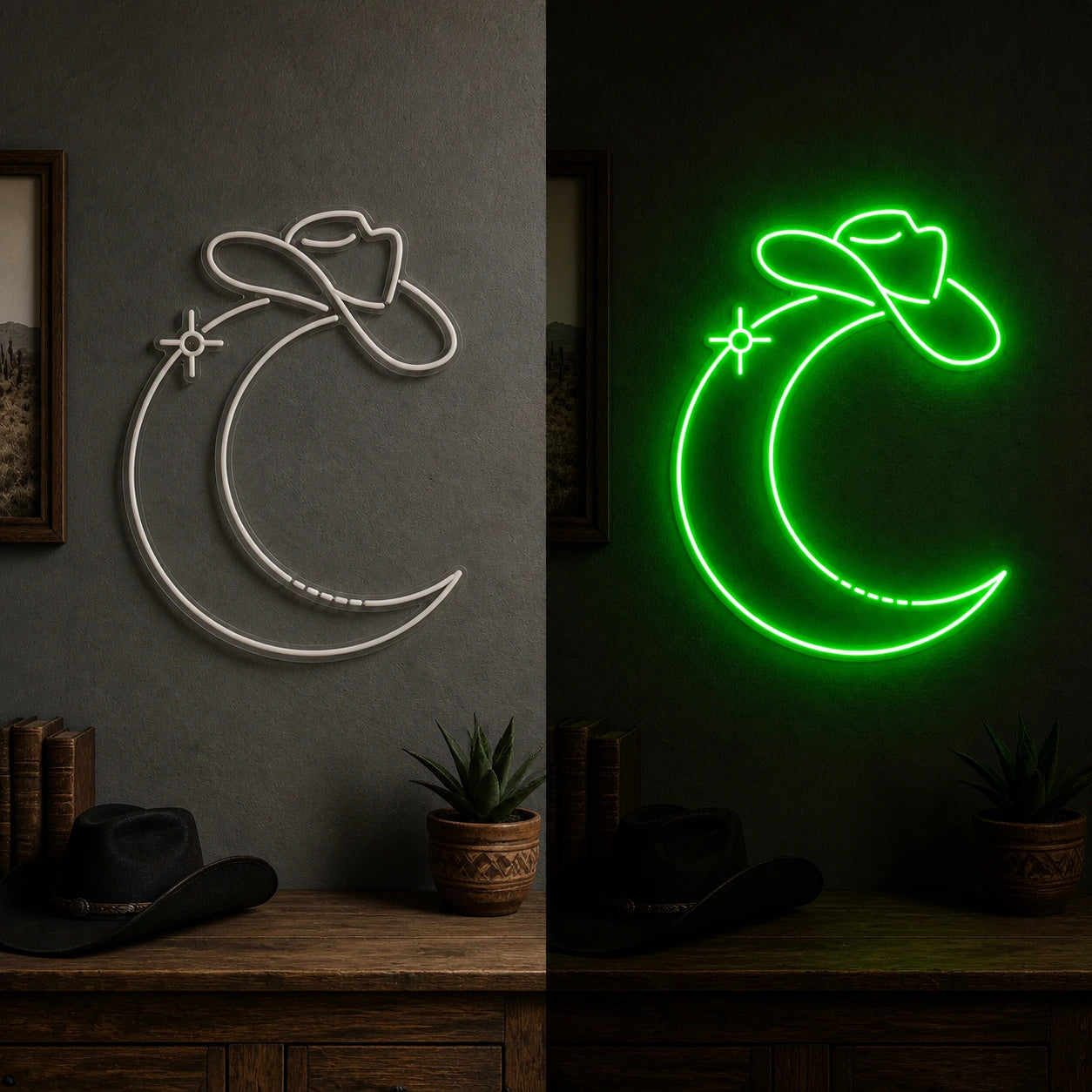 Cowboy Hat Moon Vintage LED Neon Sign day and night comparison