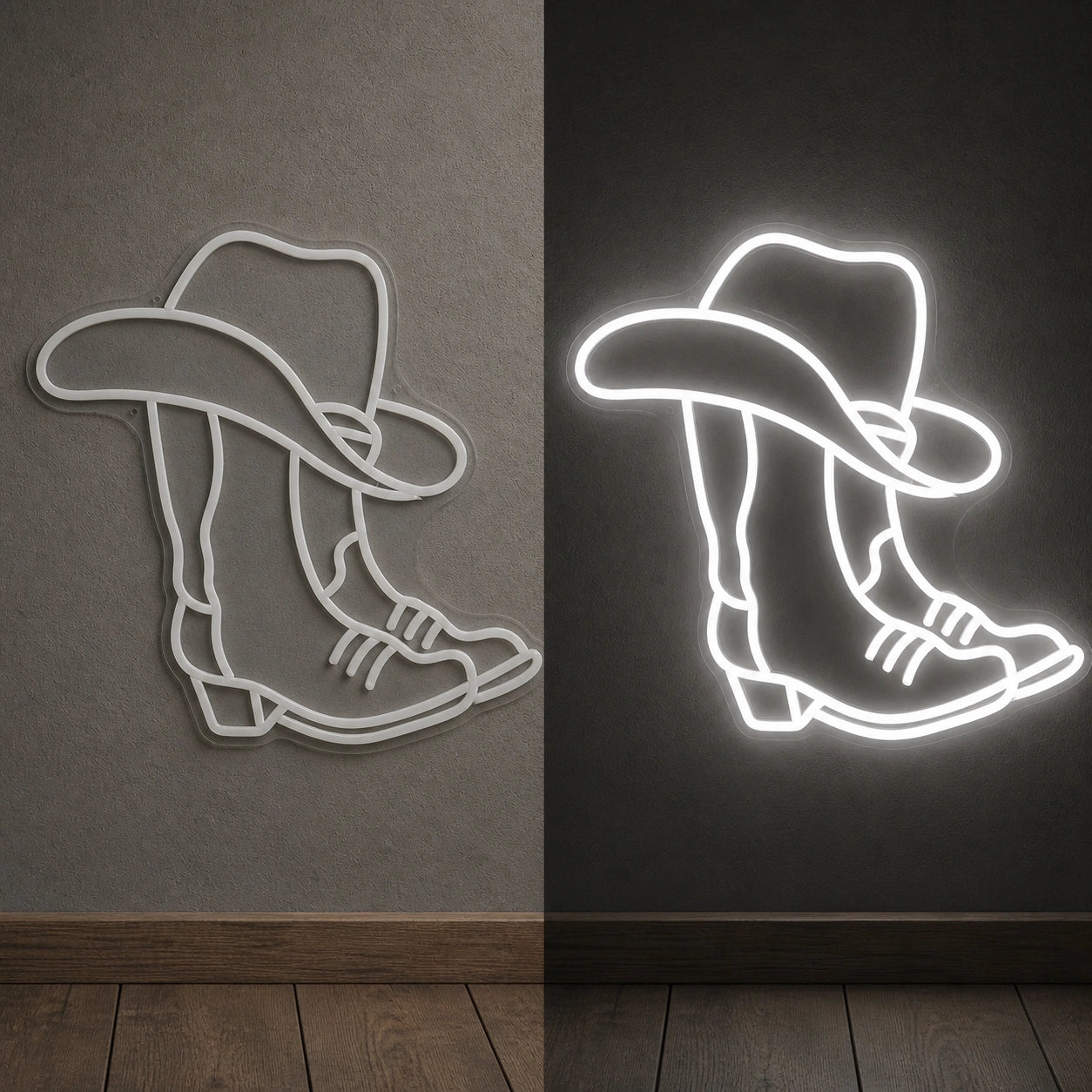 Cowboy Hat Over Boot Vintage LED Neon Sign day and night comparison