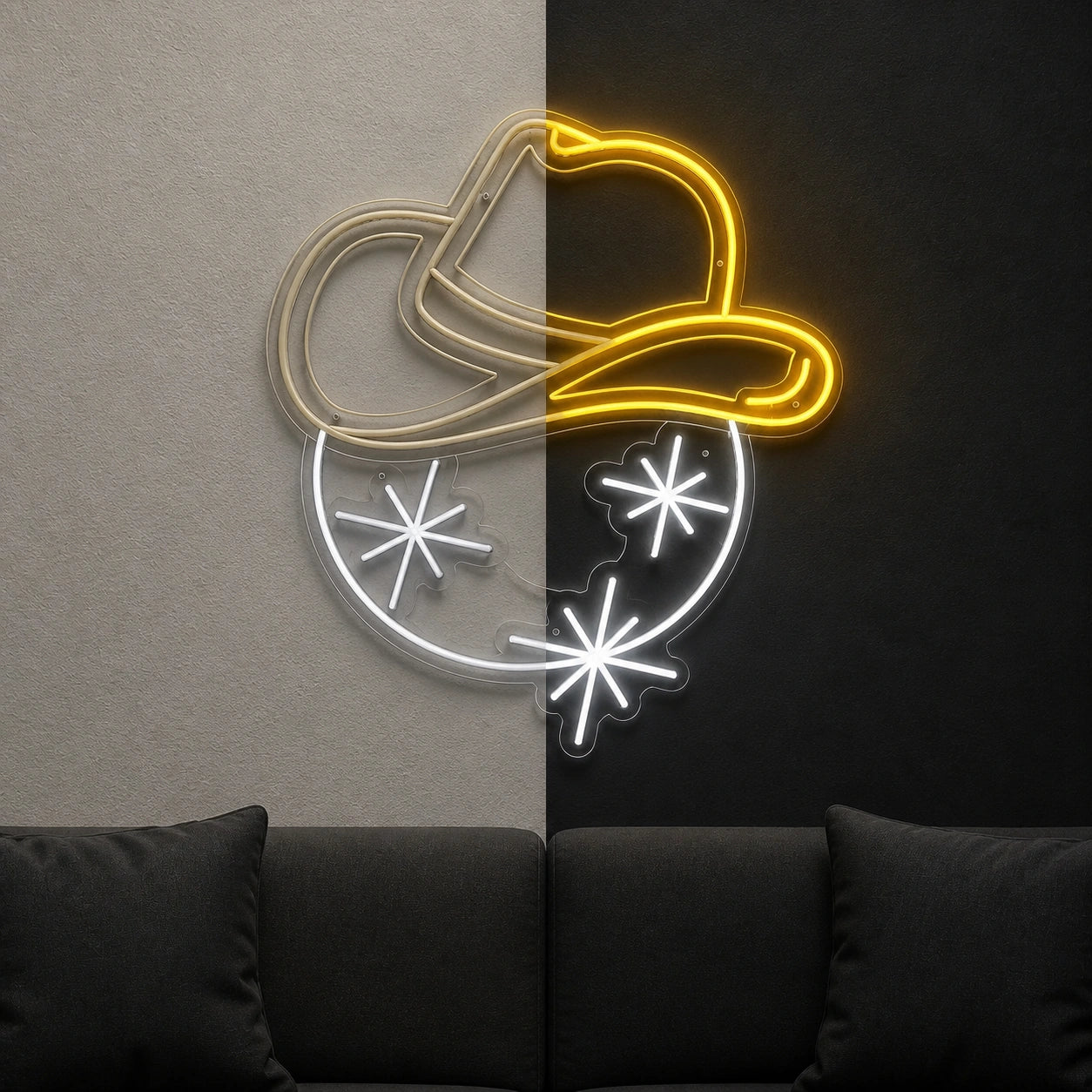 Cowboy Hat Sparkle Stars Vintage LED Neon Sign day and night comparison