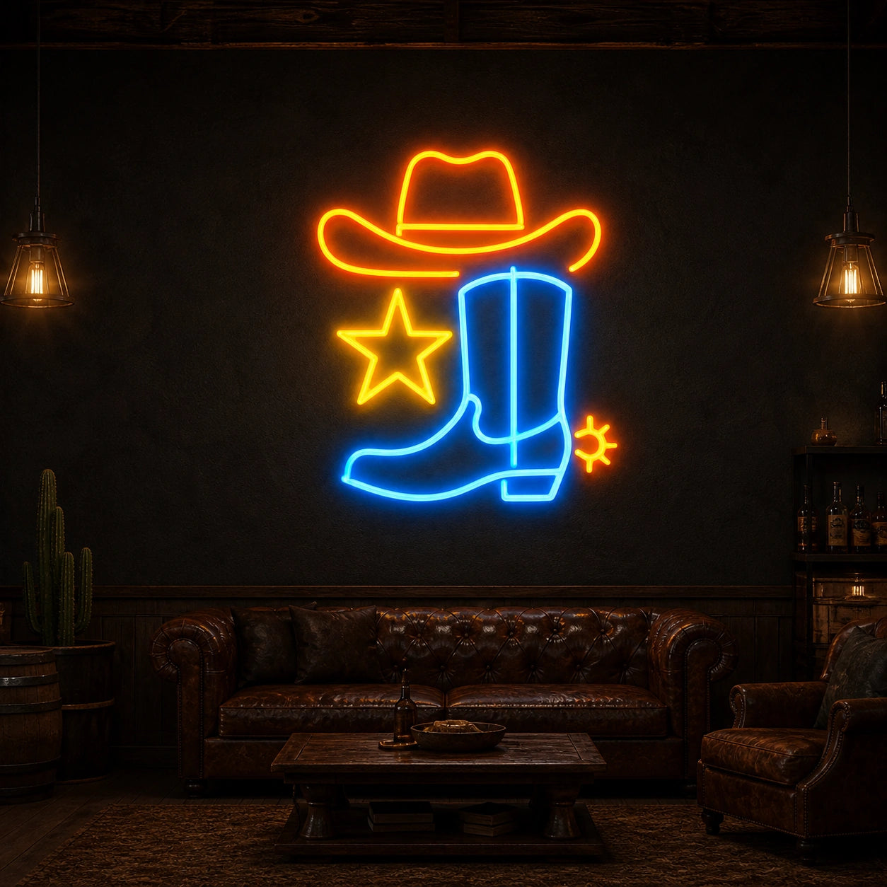 Cowboy Hat Star Boot Spur Vintage LED Neon Sign size image