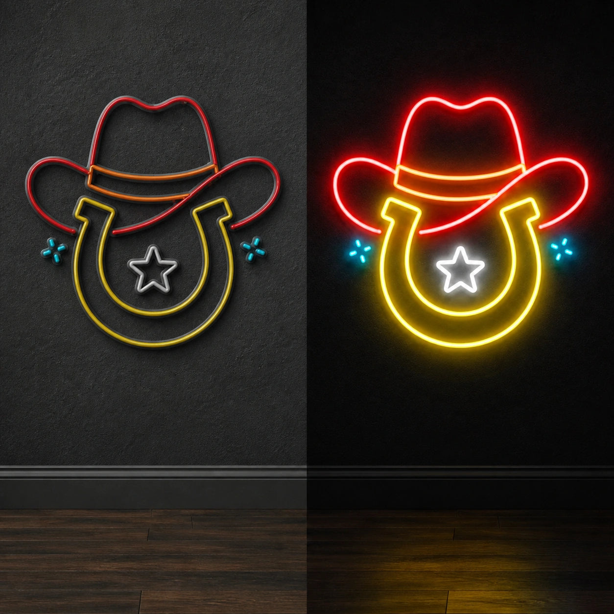 Cowboy Hat Star Horseshoe Vintage LED Neon Sign day and night comparison