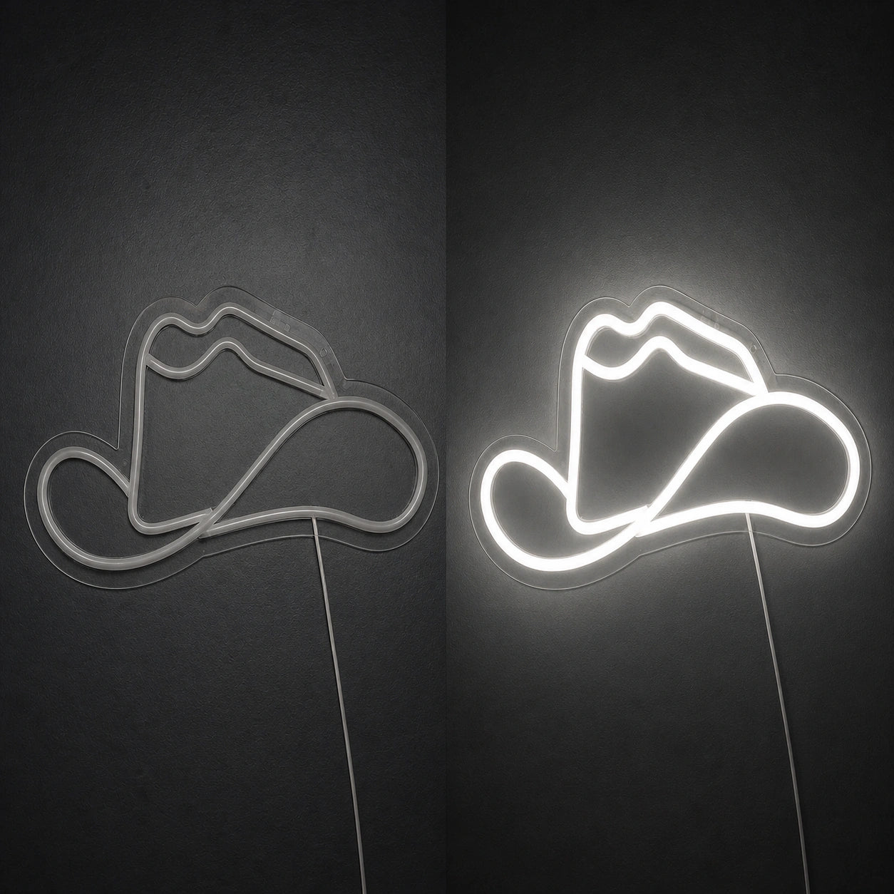 Cowboy Hat With Lasso Brim Vintage LED Neon Sign day and night comparison