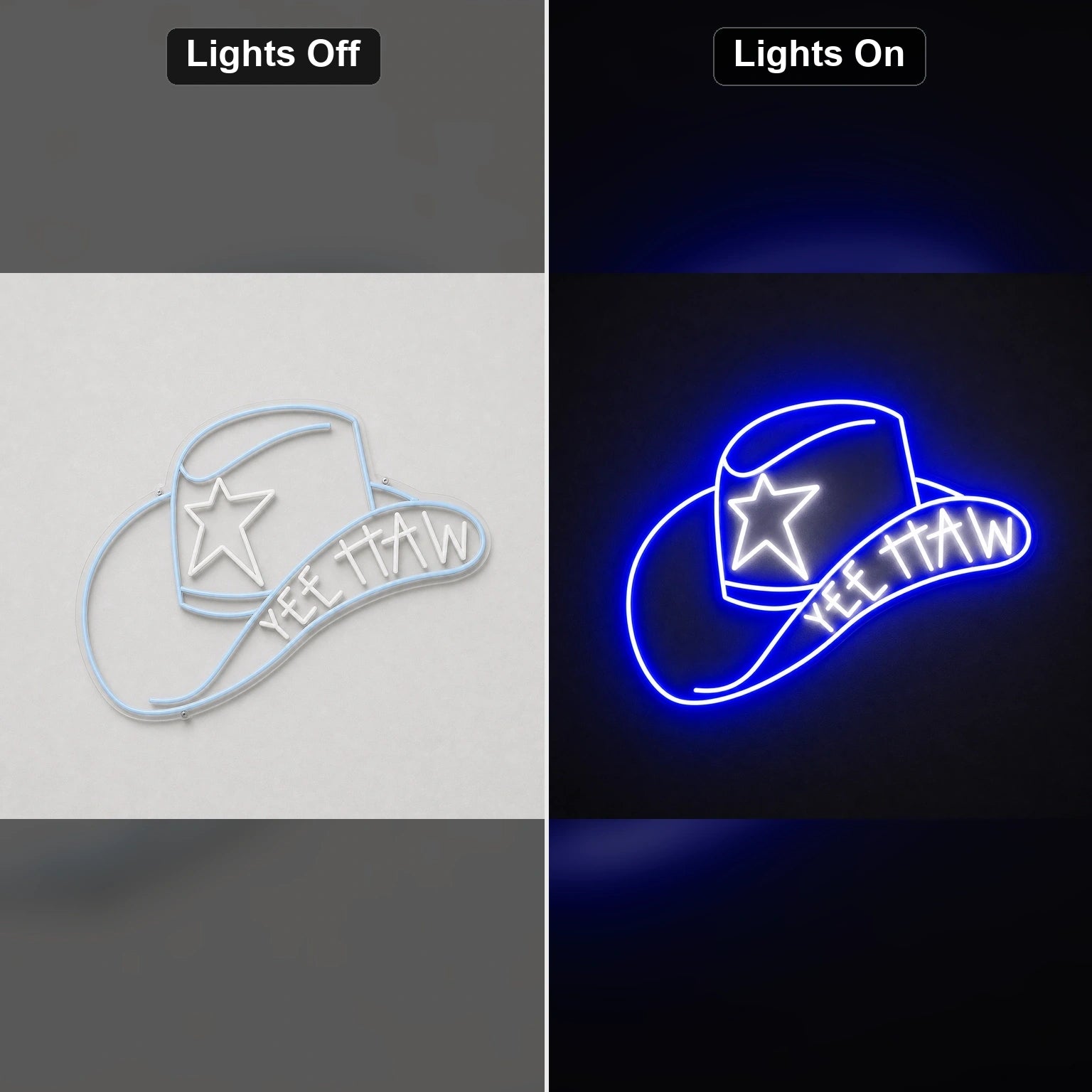 Cowboy Hat With Yee Haw LED Neon Sign Home Garage Wall Decoration day and night comparison