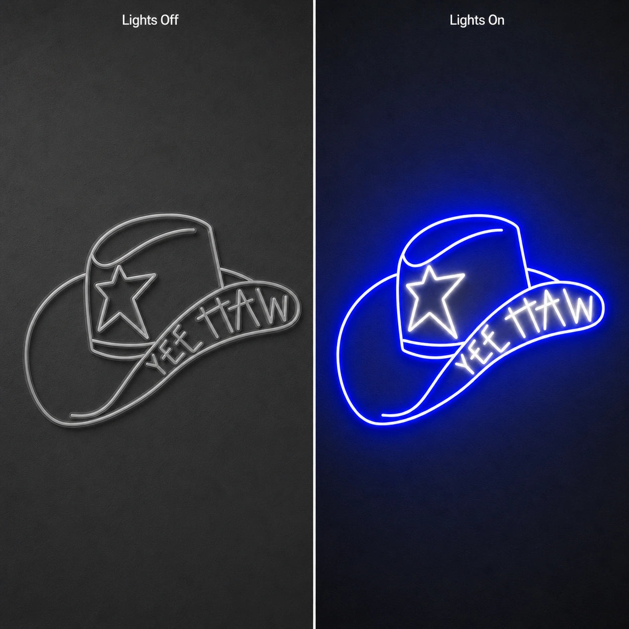 Cowboy Hat With Yee Haw LED Neon Sign Man Cave Neon Sign day and night comparison