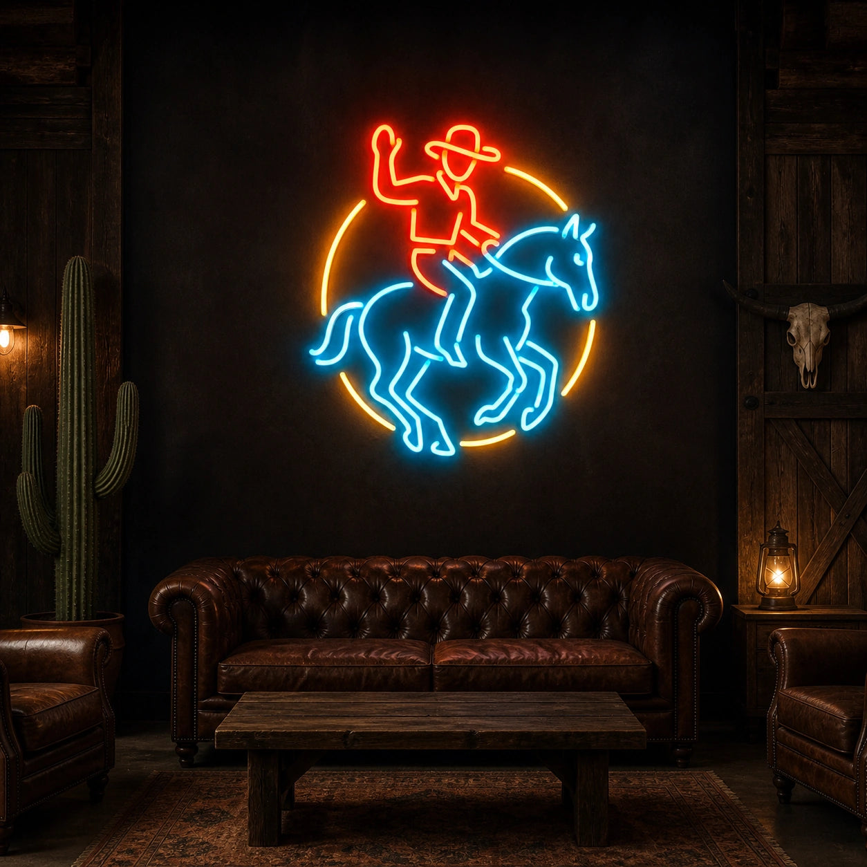 Cowboy Horse Circle Vintage LED Neon Sign size image
