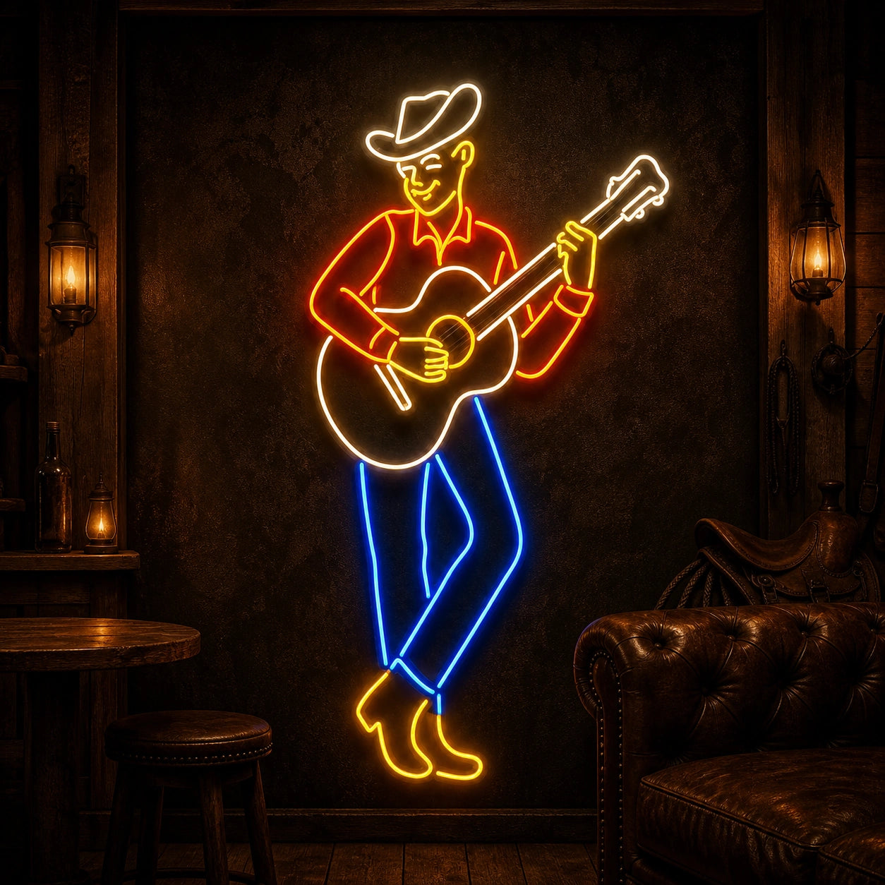 Cowboy Playing Acoustic Guitar Vintage LED Neon Sign high-converting product image