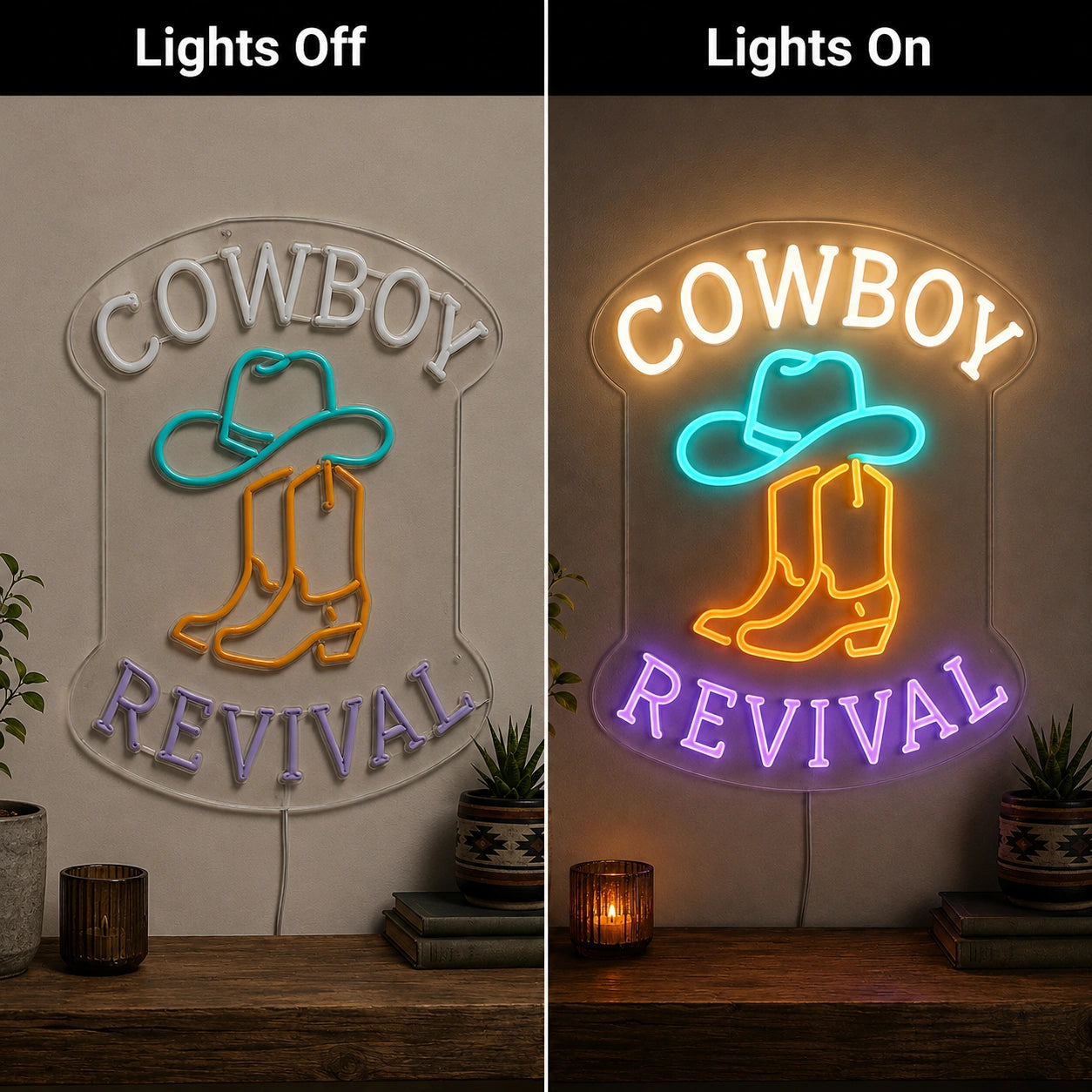 Cowboy Revival LED Neon Sign Man Cave Neon Sign day and night comparison