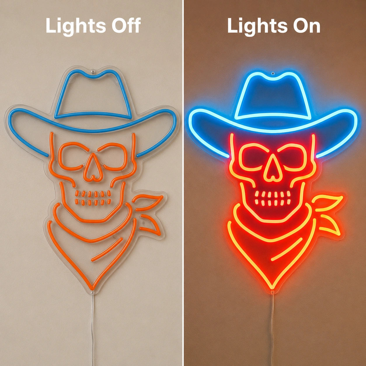 Cowboy Skull Neon Sign LED Neon Sign day and night comparison
