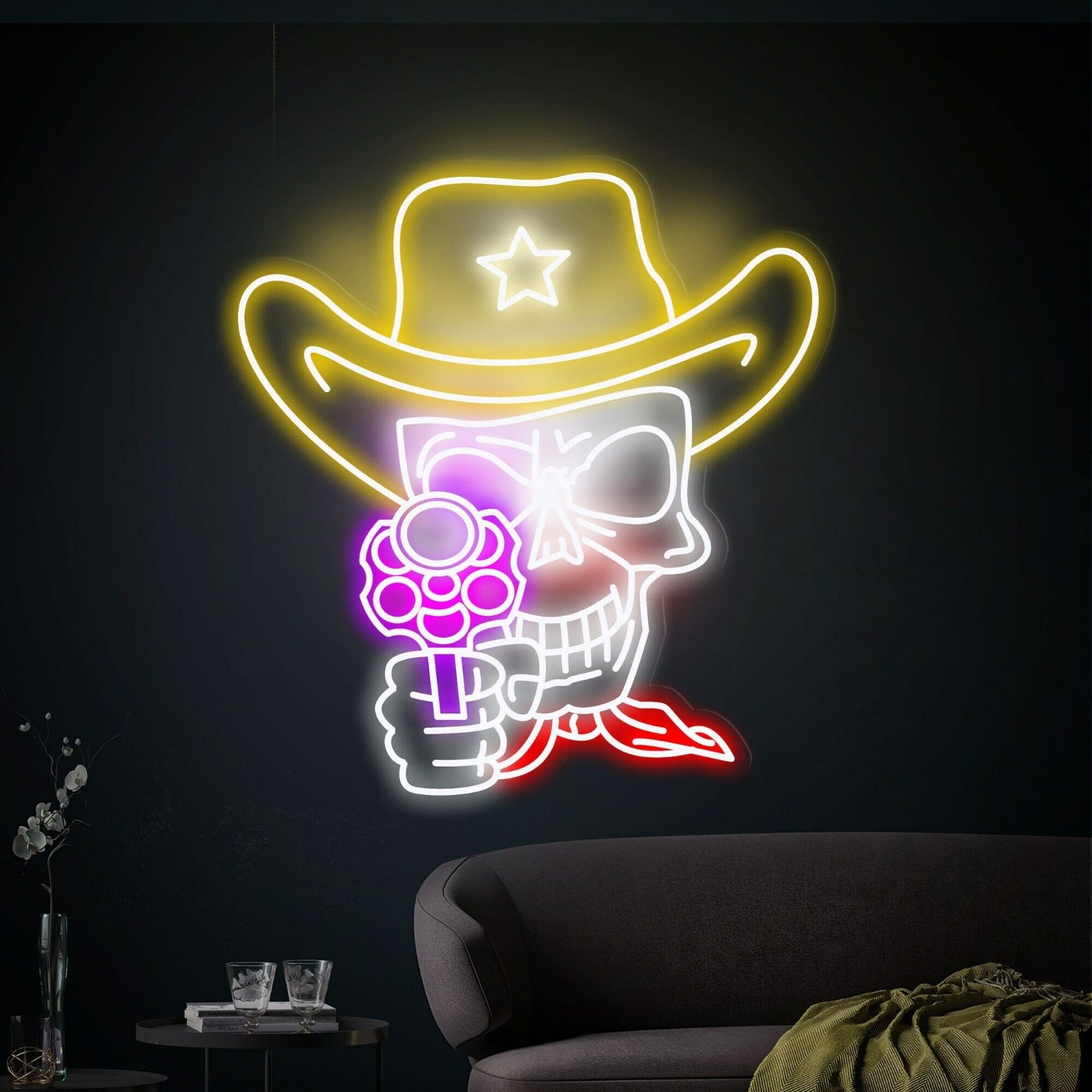 Cowboy Skull Neon Sign Skull And Revolver Neon Lights Decor | Shineneon